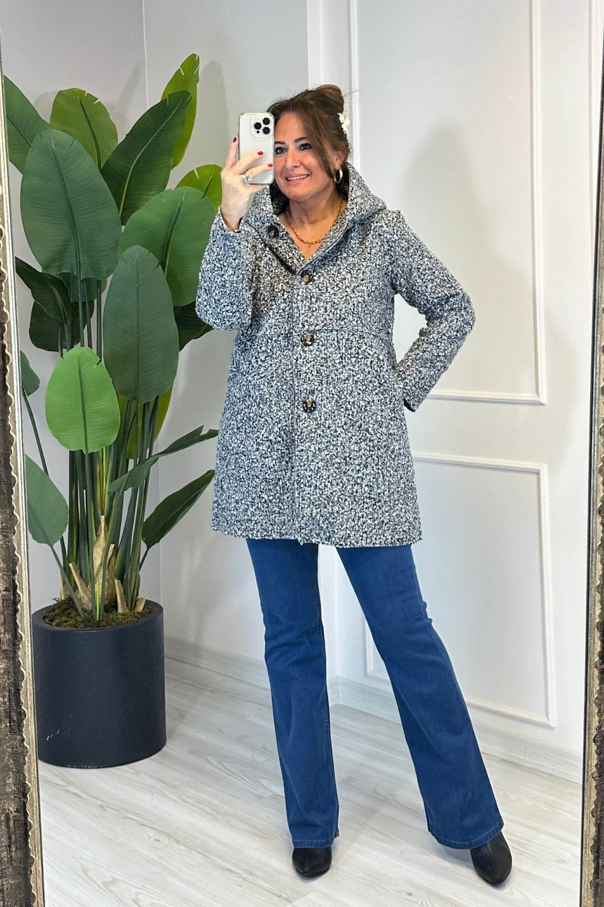 Dikiş Detaylı Kapüşonlu Buklet Mont Gri 23128