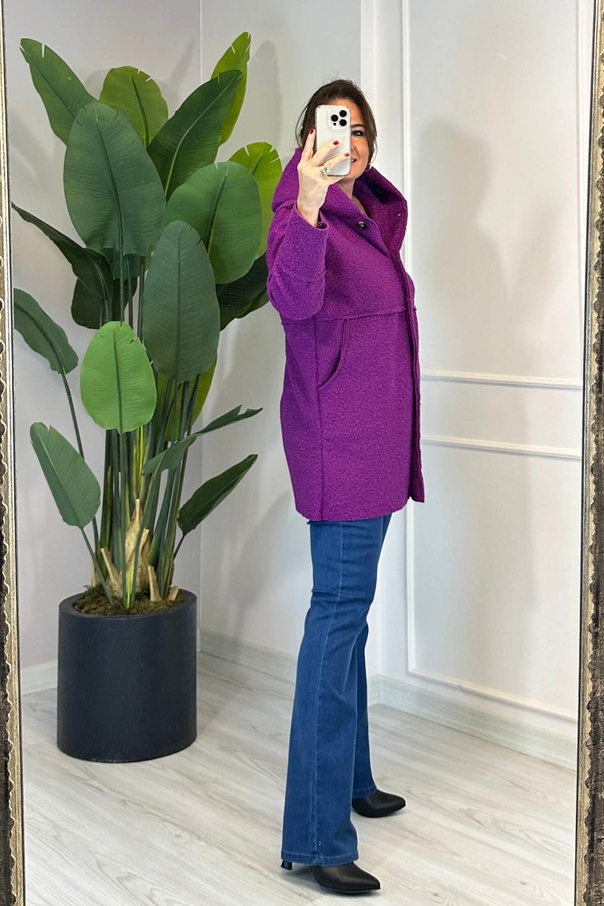 Dikiş Detaylı Kapüşonlu Buklet Mont Mürdüm 23128