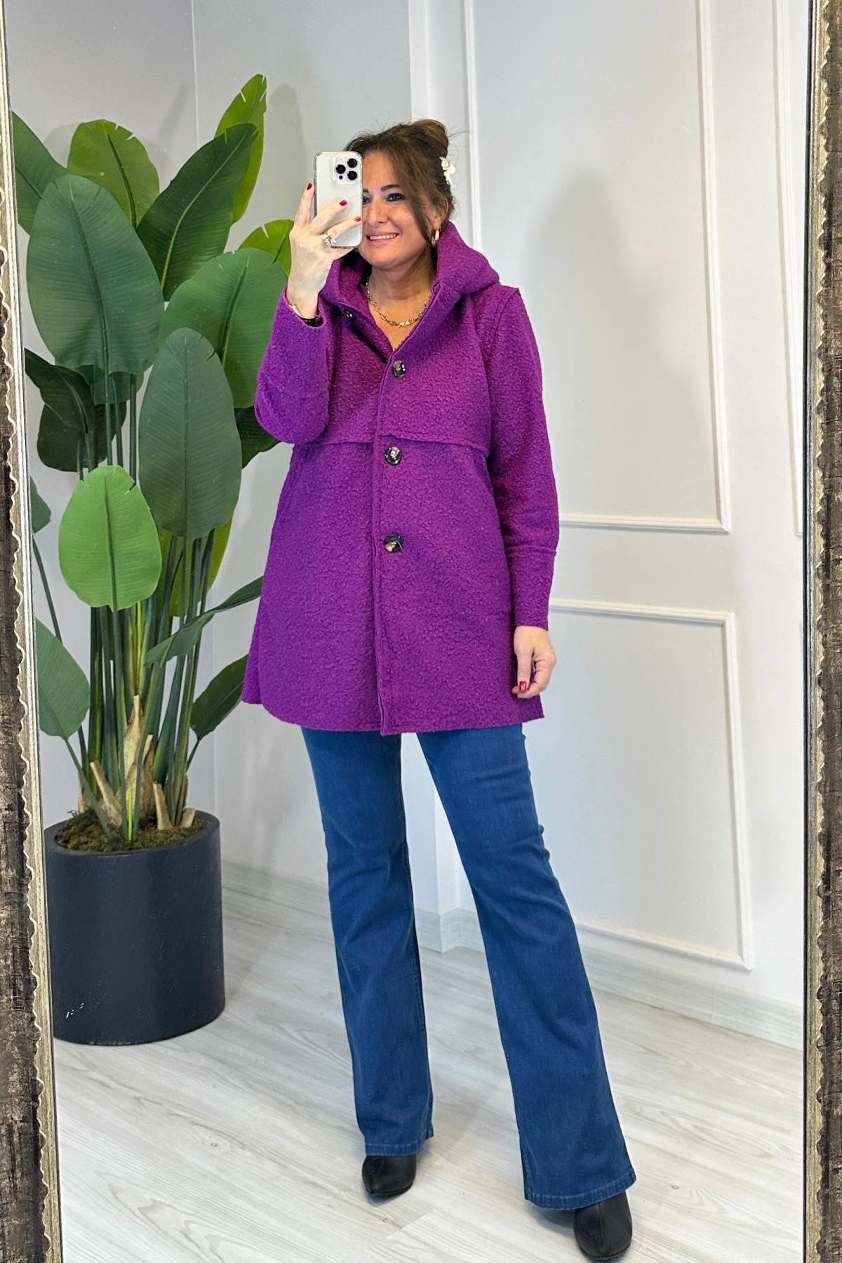 Dikiş Detaylı Kapüşonlu Buklet Mont Mürdüm 23128