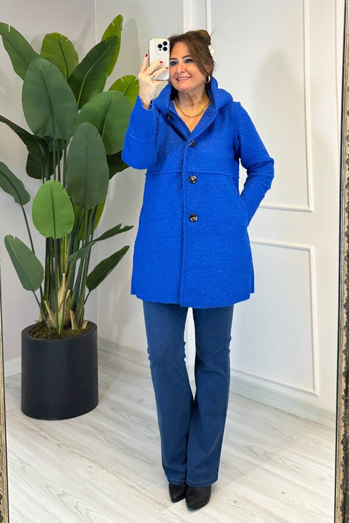 Dikiş Detaylı Kapüşonlu Buklet Mont Saks Mavi 23128