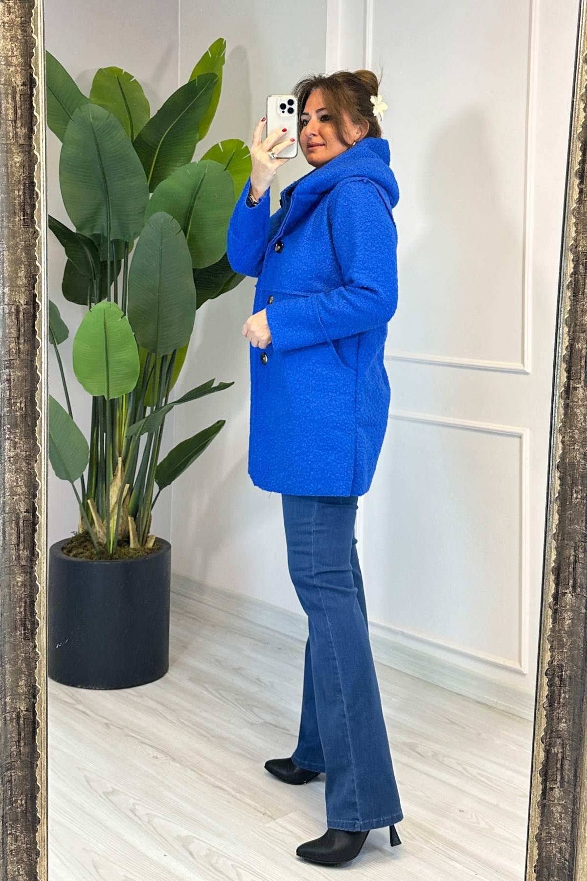 Dikiş Detaylı Kapüşonlu Buklet Mont Saks Mavi 23128