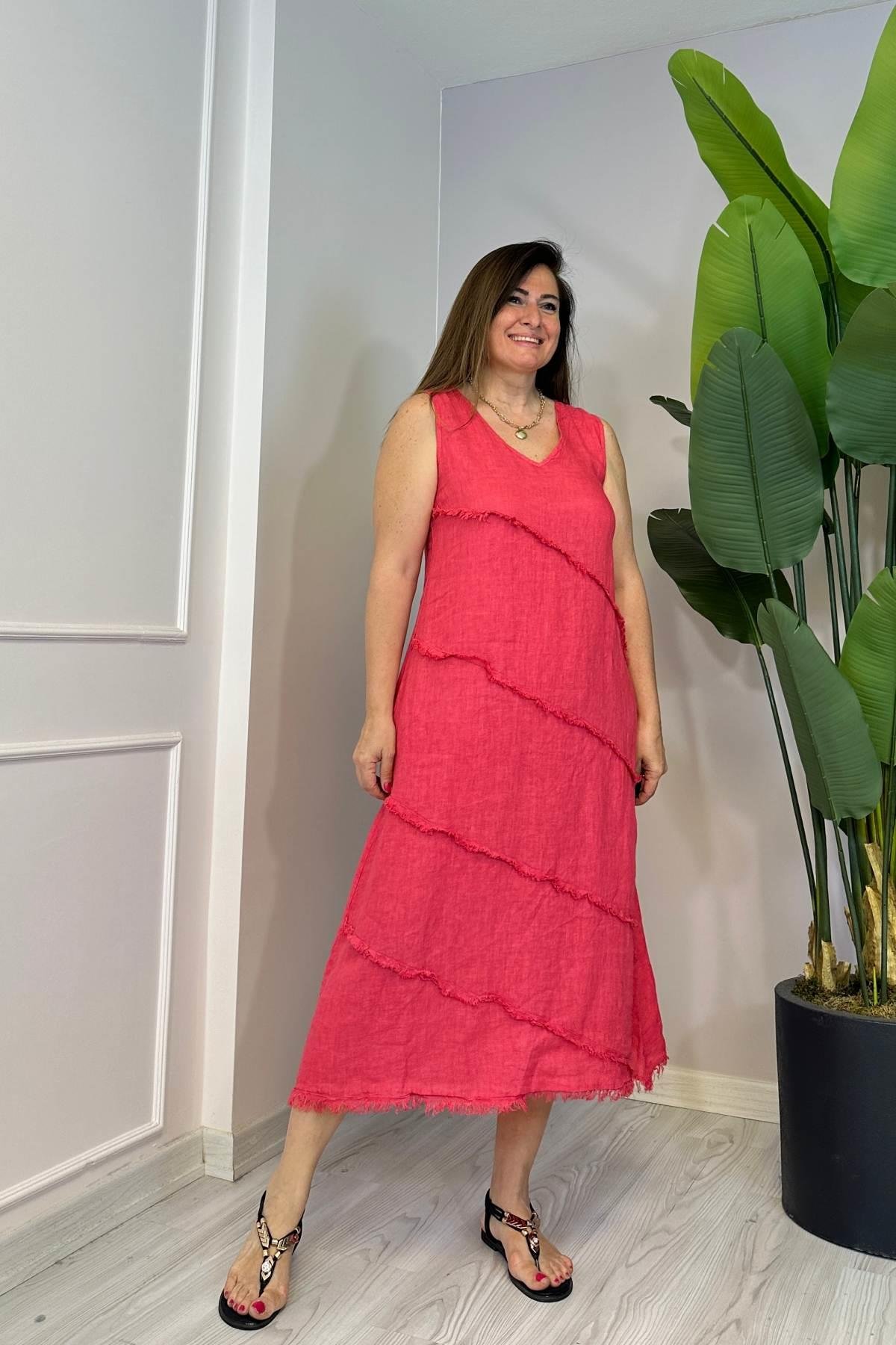 Dikiş Detaylı Uzun Elbise Pembe