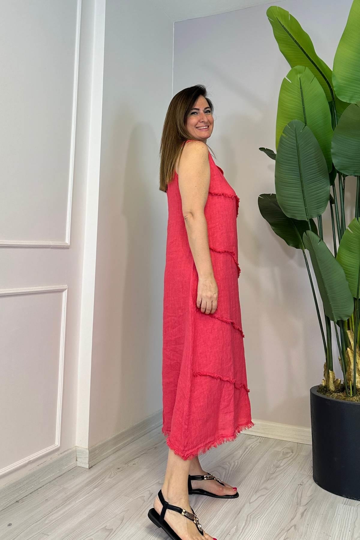 Dikiş Detaylı Uzun Elbise Pembe