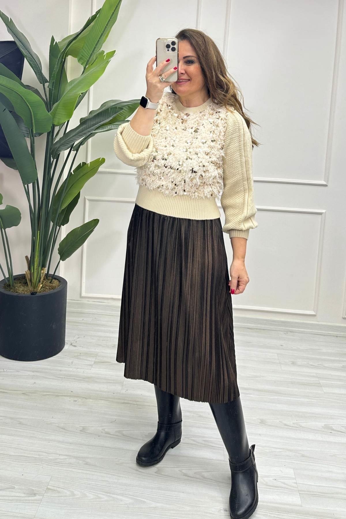 Diz Altı Piliseli Etek Bakır