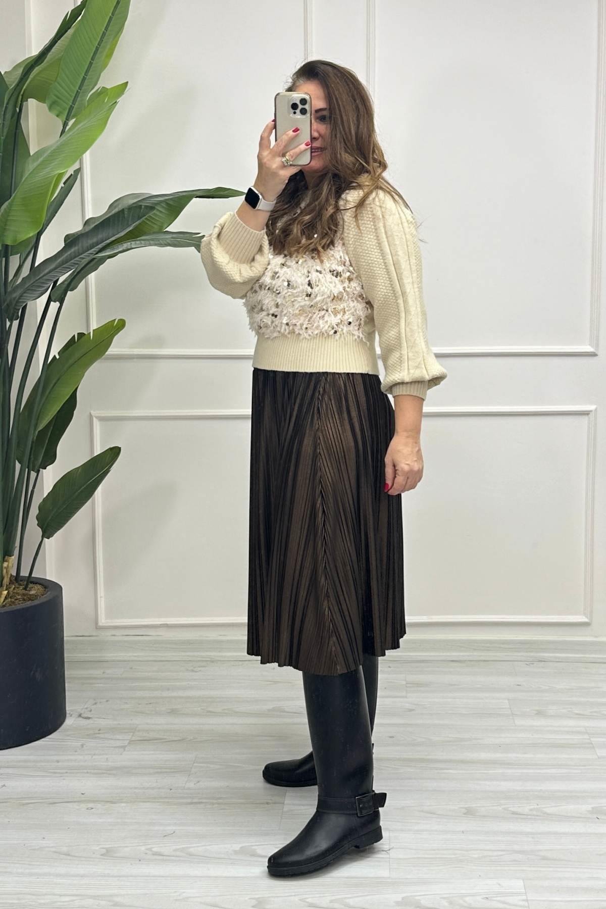 Diz Altı Piliseli Etek Bakır