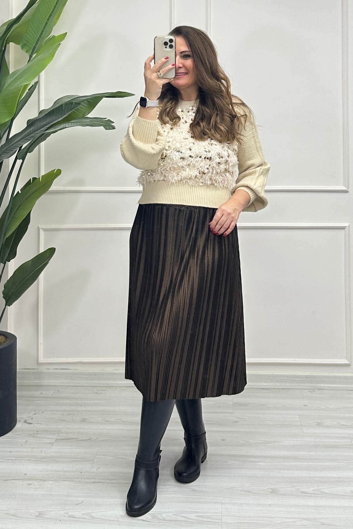 Diz Altı Piliseli Etek Bakır