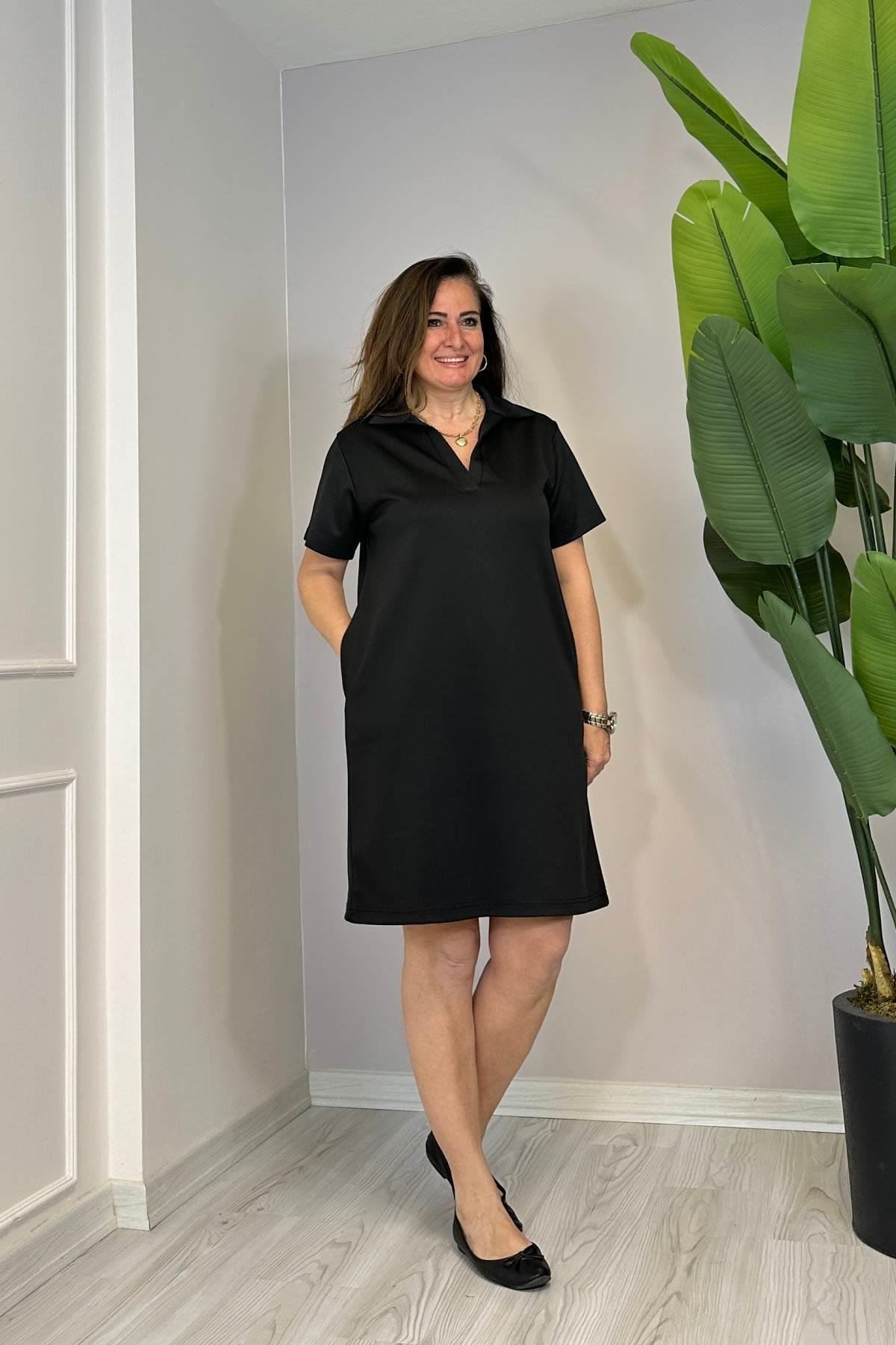 Diz Üstü Yakalı Basic Elbise Siyah
