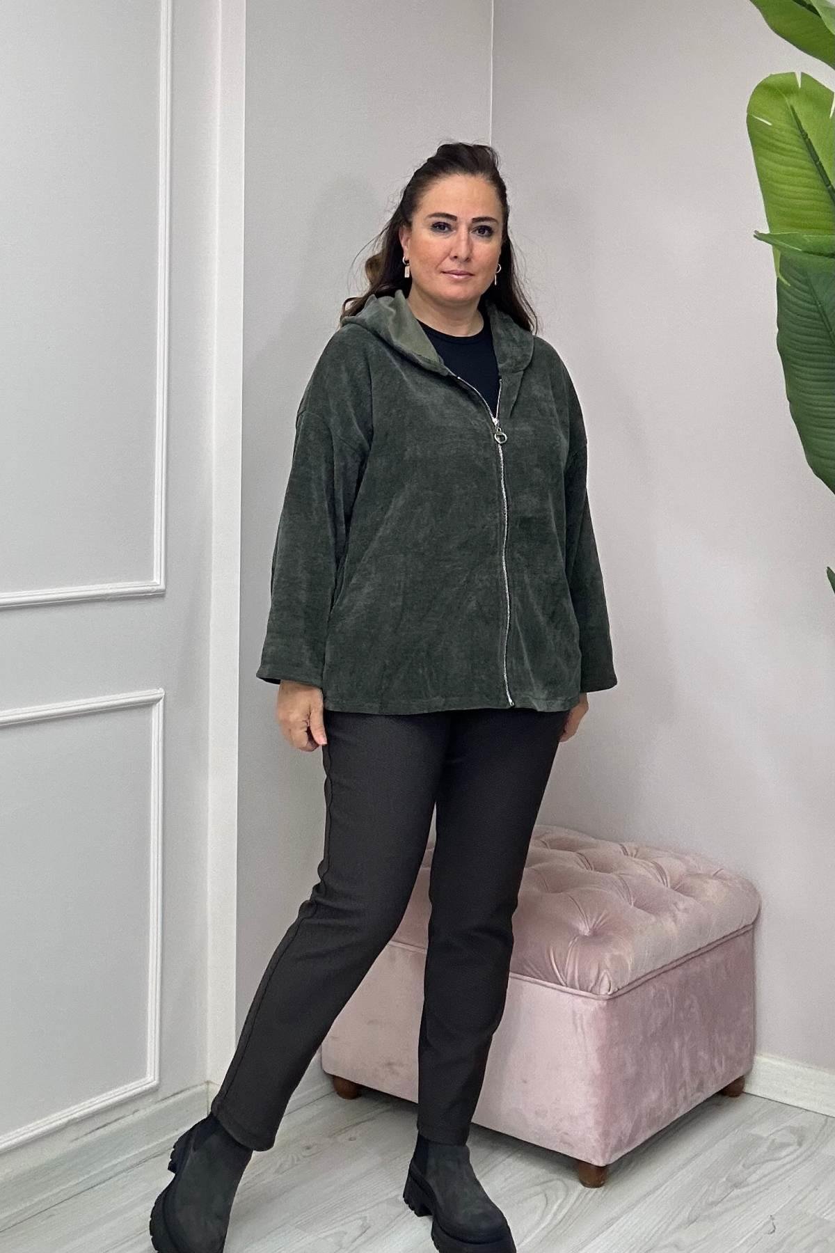 Düz Desen Kadife Şapkalı Ceket-Haki