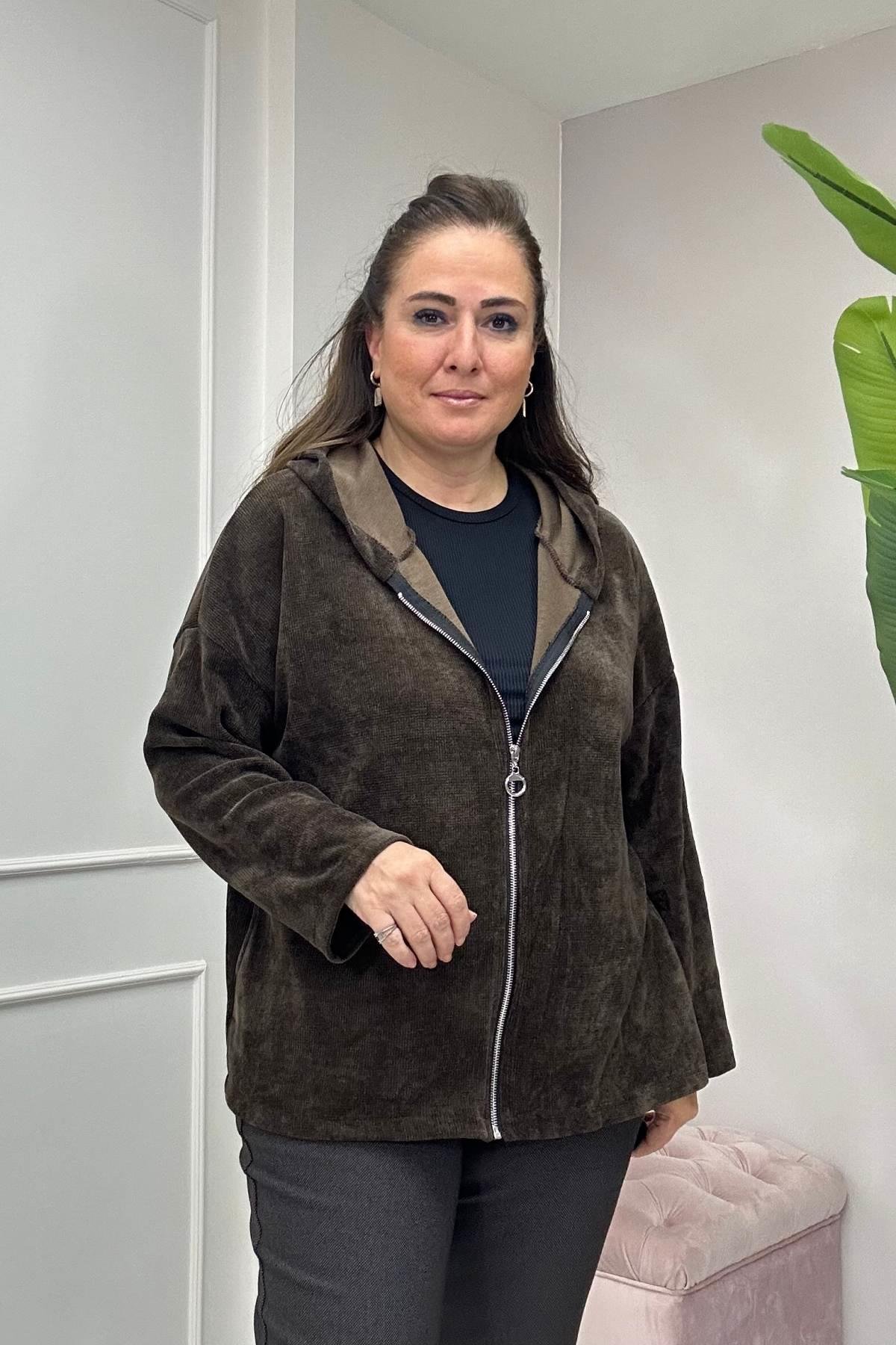 Düz Desen Kadife Şapkalı Ceket-Kahverengi