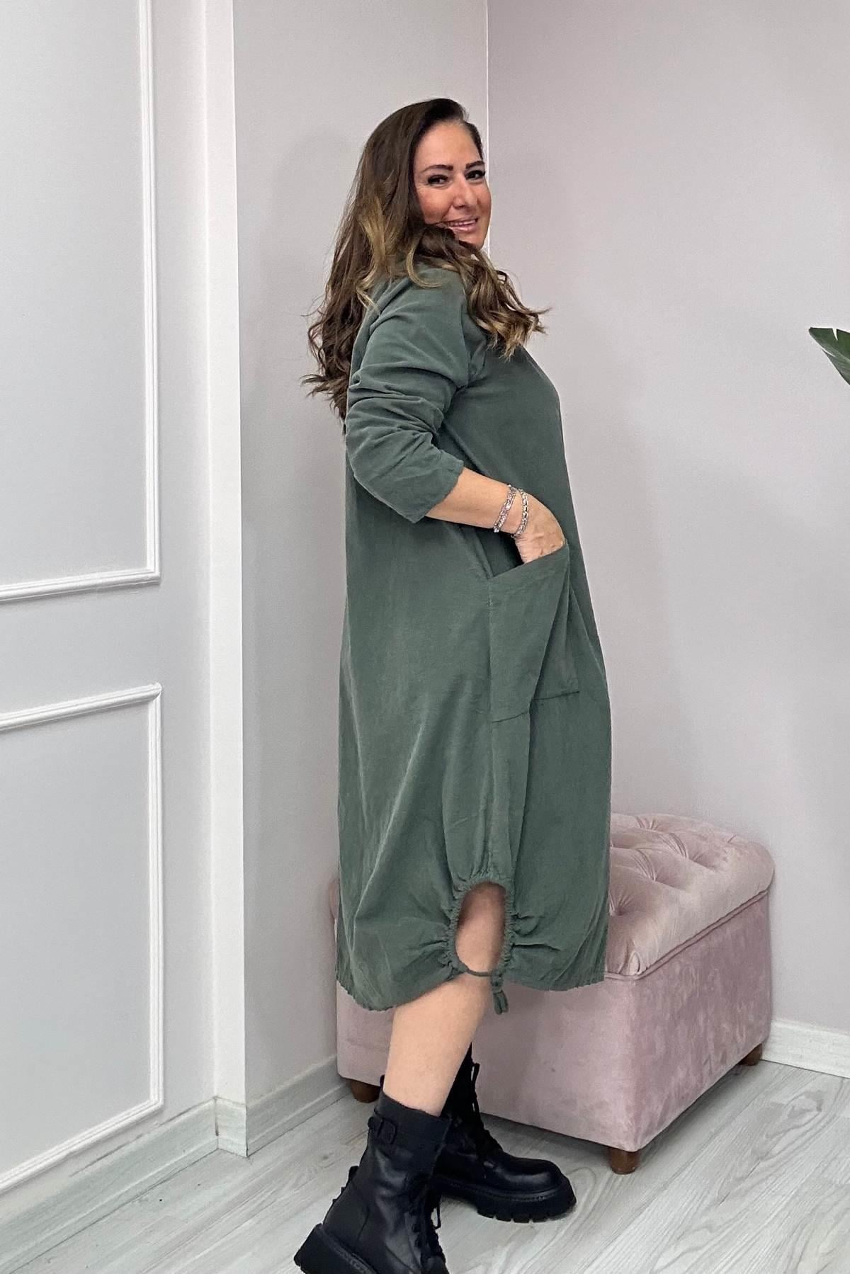 Düz Desen Kadife Ucu İp Detaylı Elbise-24586-Haki