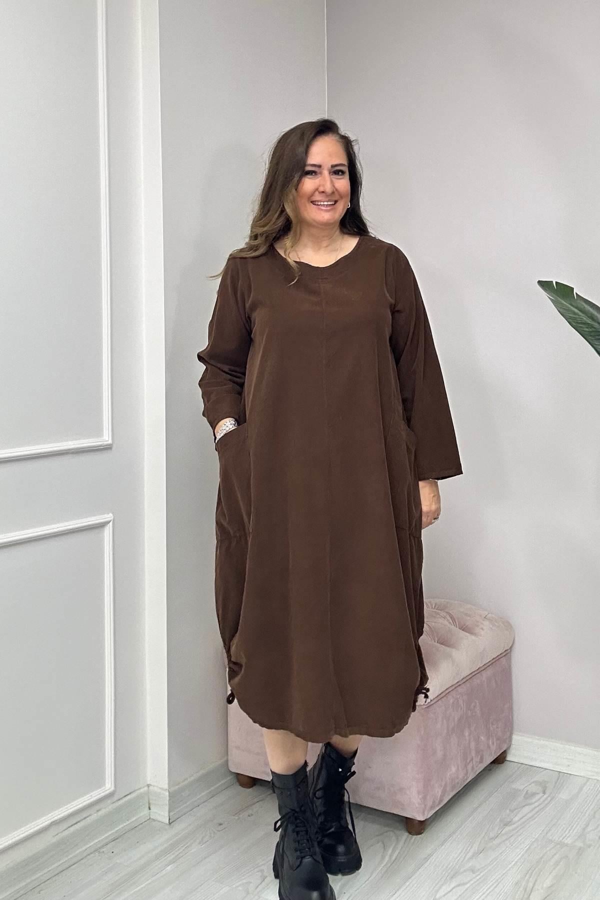 Düz Desen Kadife Ucu İp Detaylı Elbise-24586-Kahverengi