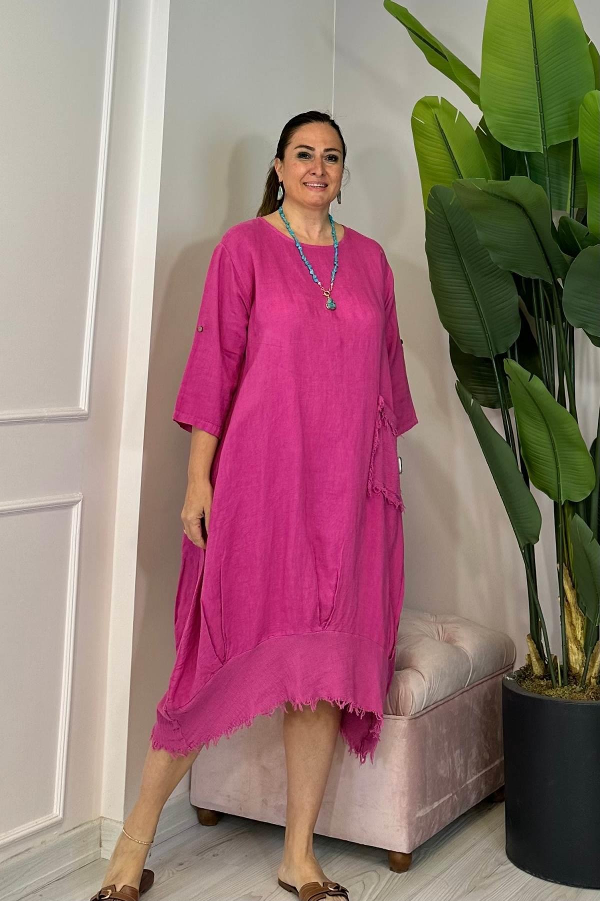 Etek Ucu İplik Detaylı Cepli Keten Elbise Pembe