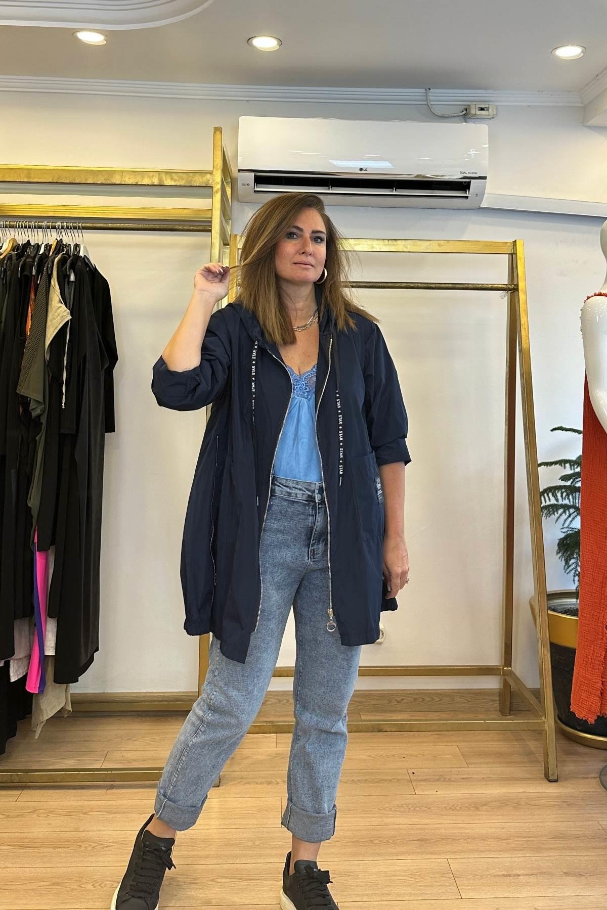 Fermuar Detaylı Kapşonlu Trençkot Lacivert