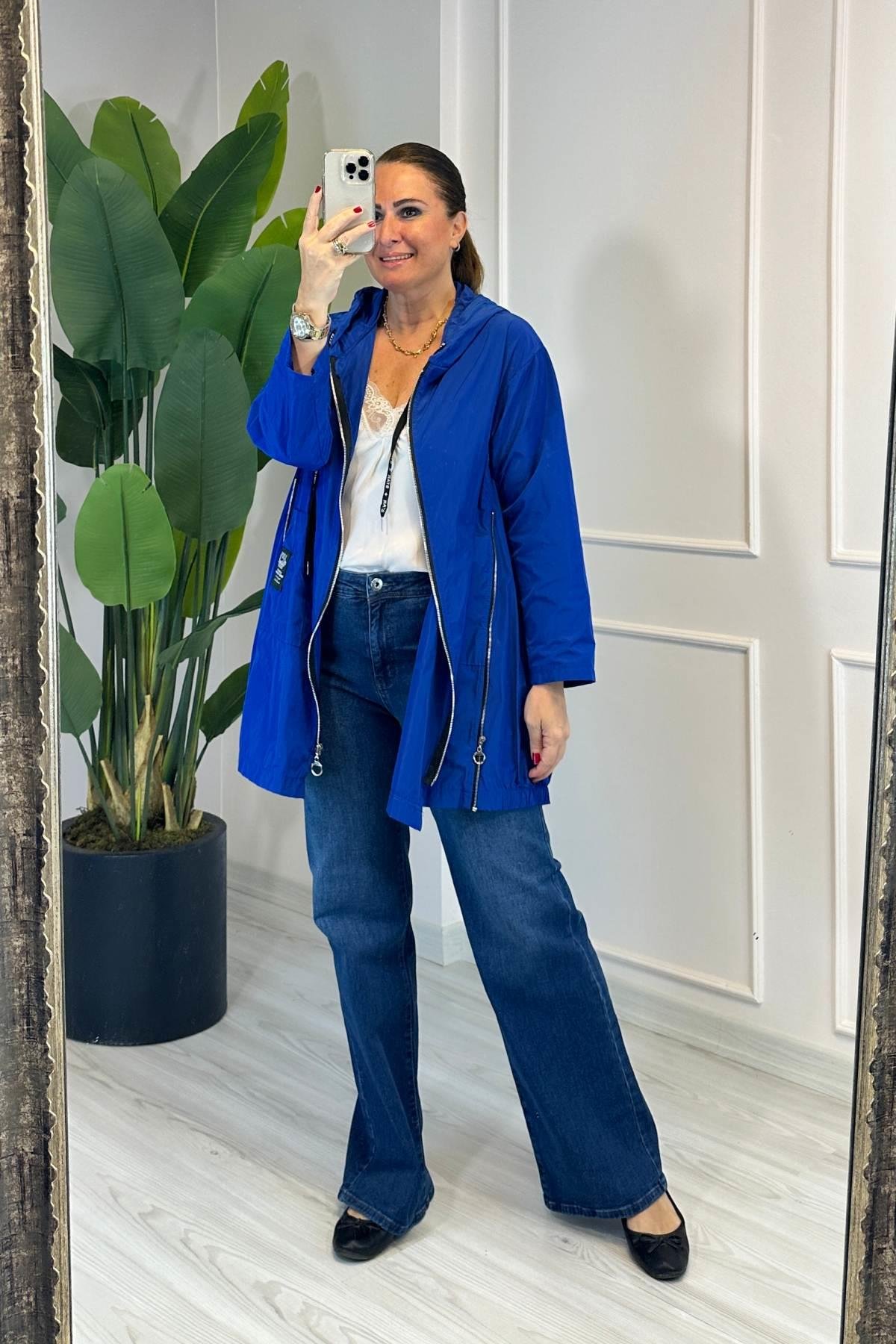 Fermuar Detaylı Kapşonlu Trençkot Saks Mavi