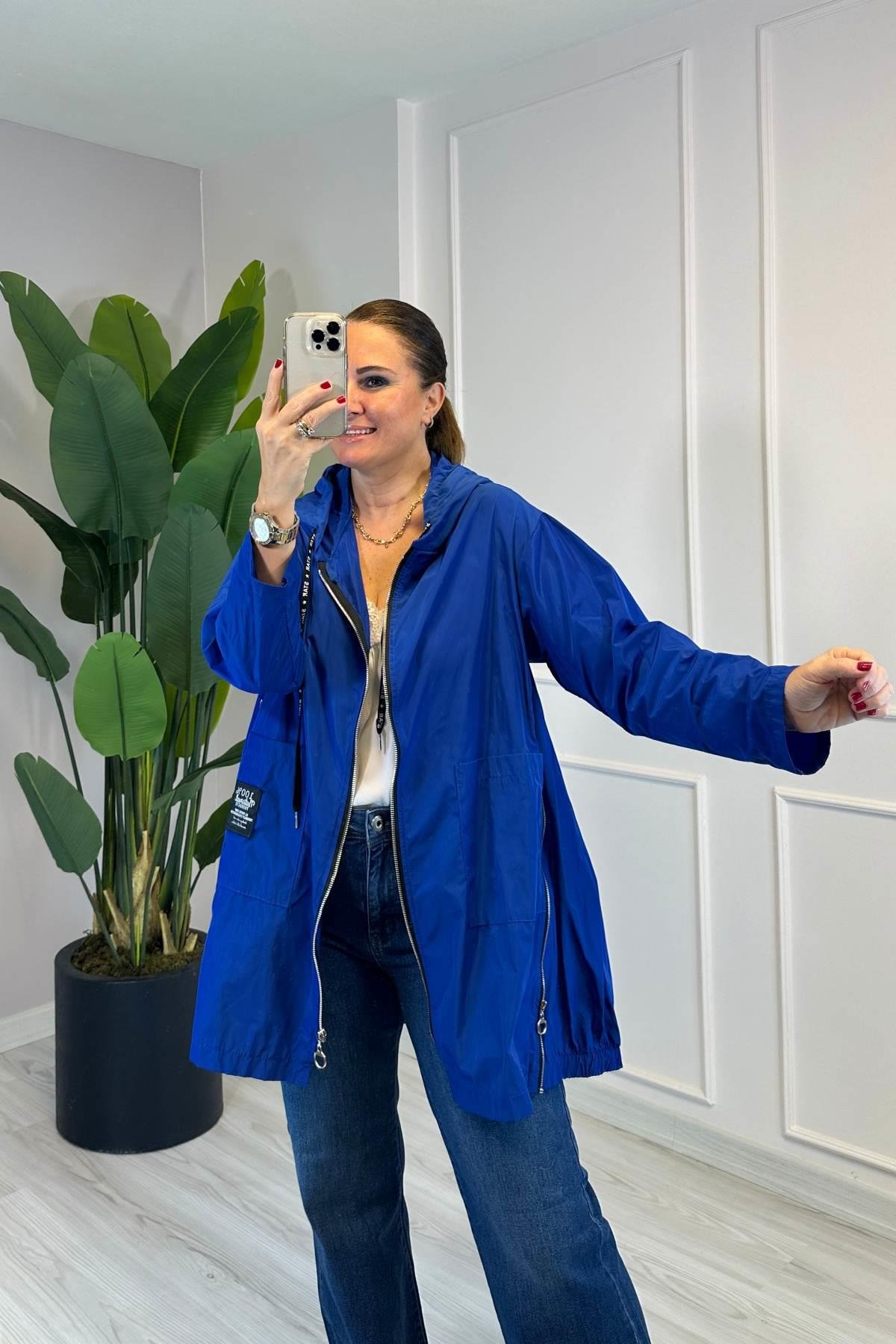 Fermuar Detaylı Kapşonlu Trençkot Saks Mavi