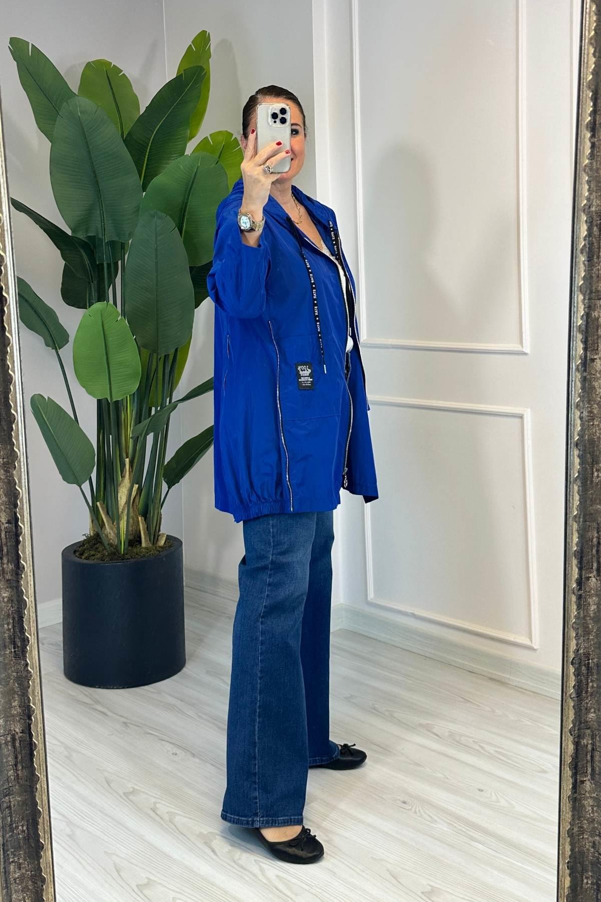 Fermuar Detaylı Kapşonlu Trençkot Saks Mavi