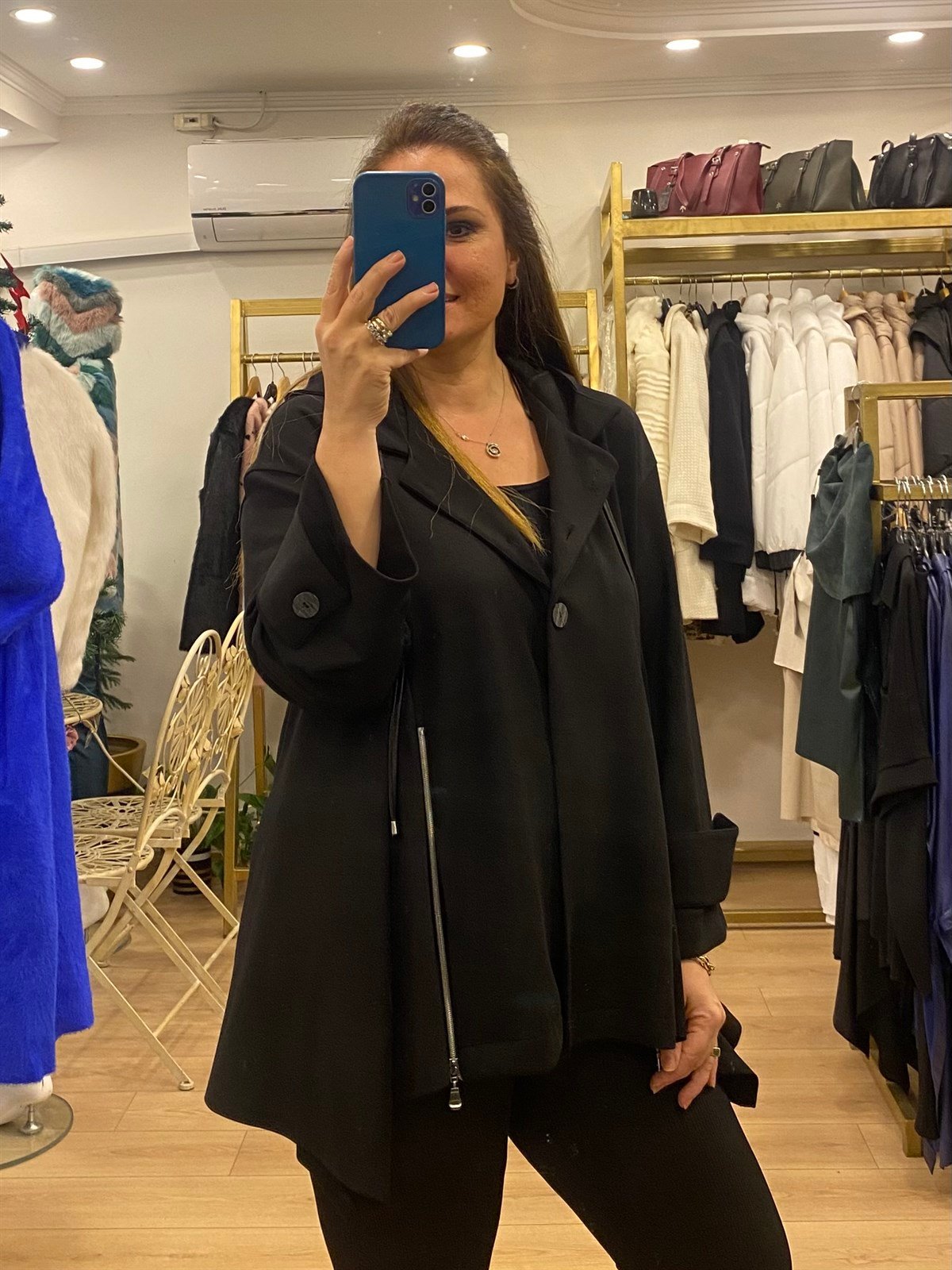 Fermuar Detaylı Kapüşonlu Çelik Örme Ceket Siyah