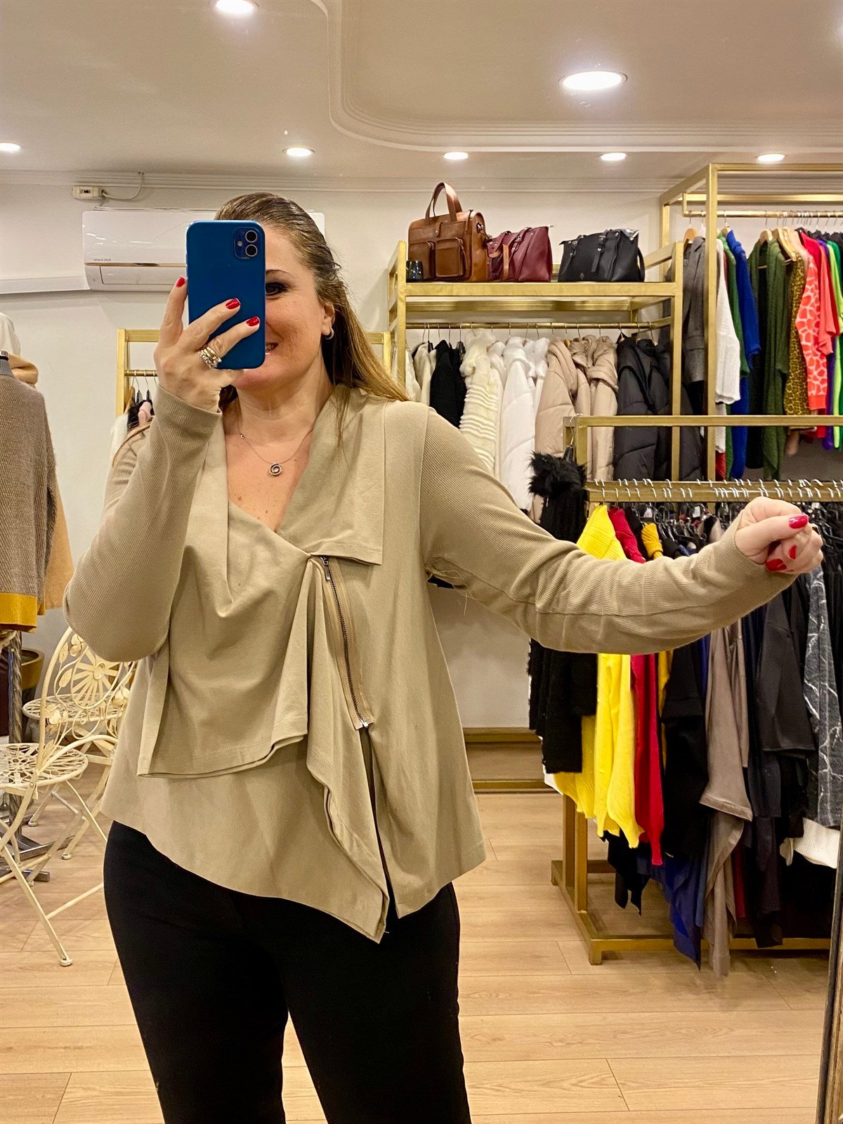 Fermuar Detaylı Tasarım Madal Kumaş Ceket Bej 