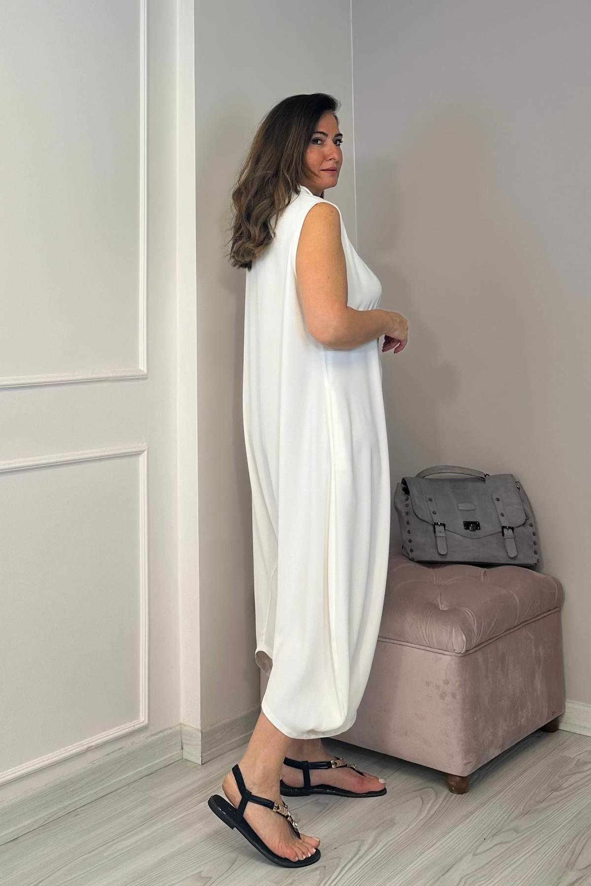 Fermuarlı Şalvar Model Tulum Beyaz