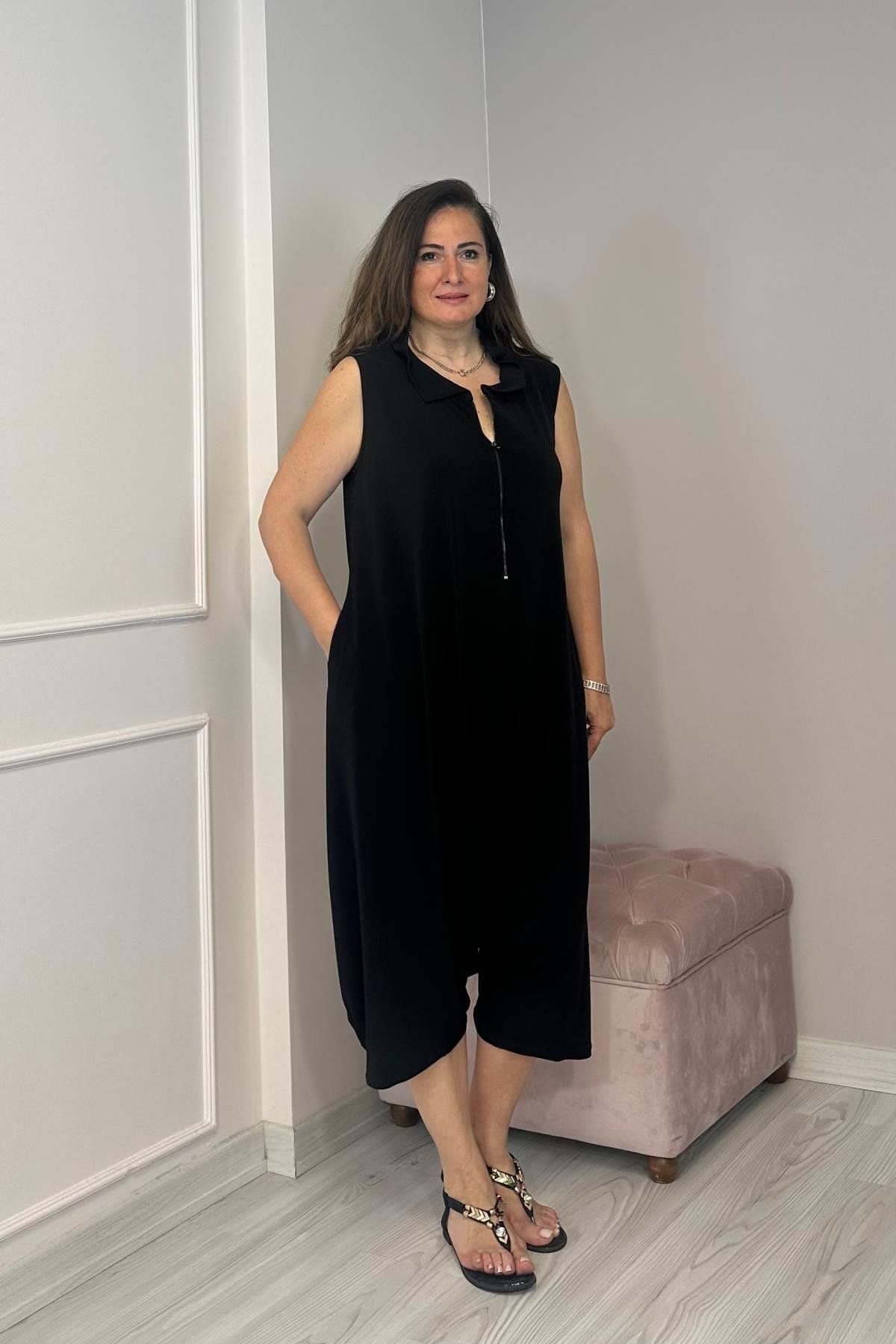 Fermuarlı Şalvar Model Tulum Siyah