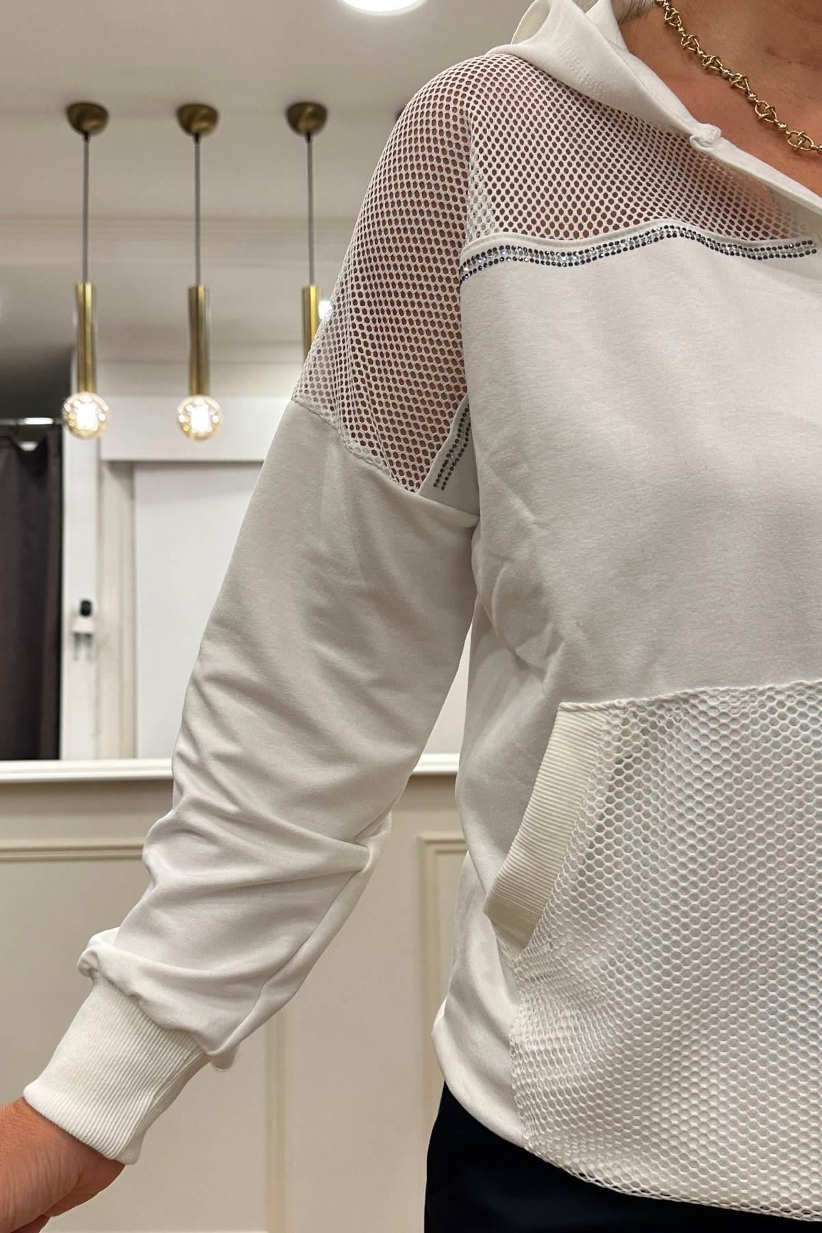File Detaylı Kapüşonlu Sweatshirt Beyaz 