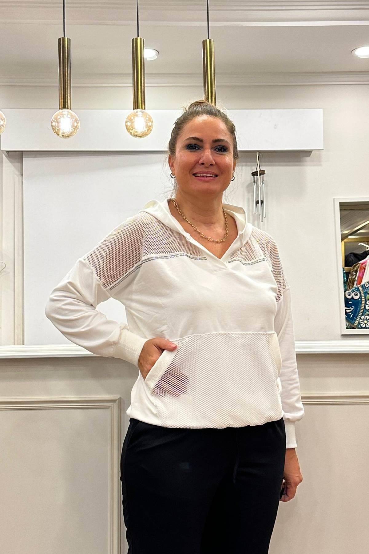 File Detaylı Kapüşonlu Sweatshirt Beyaz 