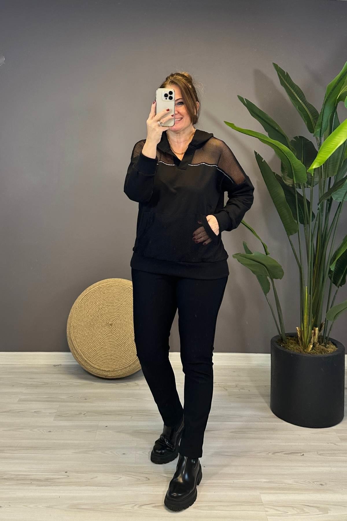 File Detaylı Kapüşonlu Sweatshirt Siyah