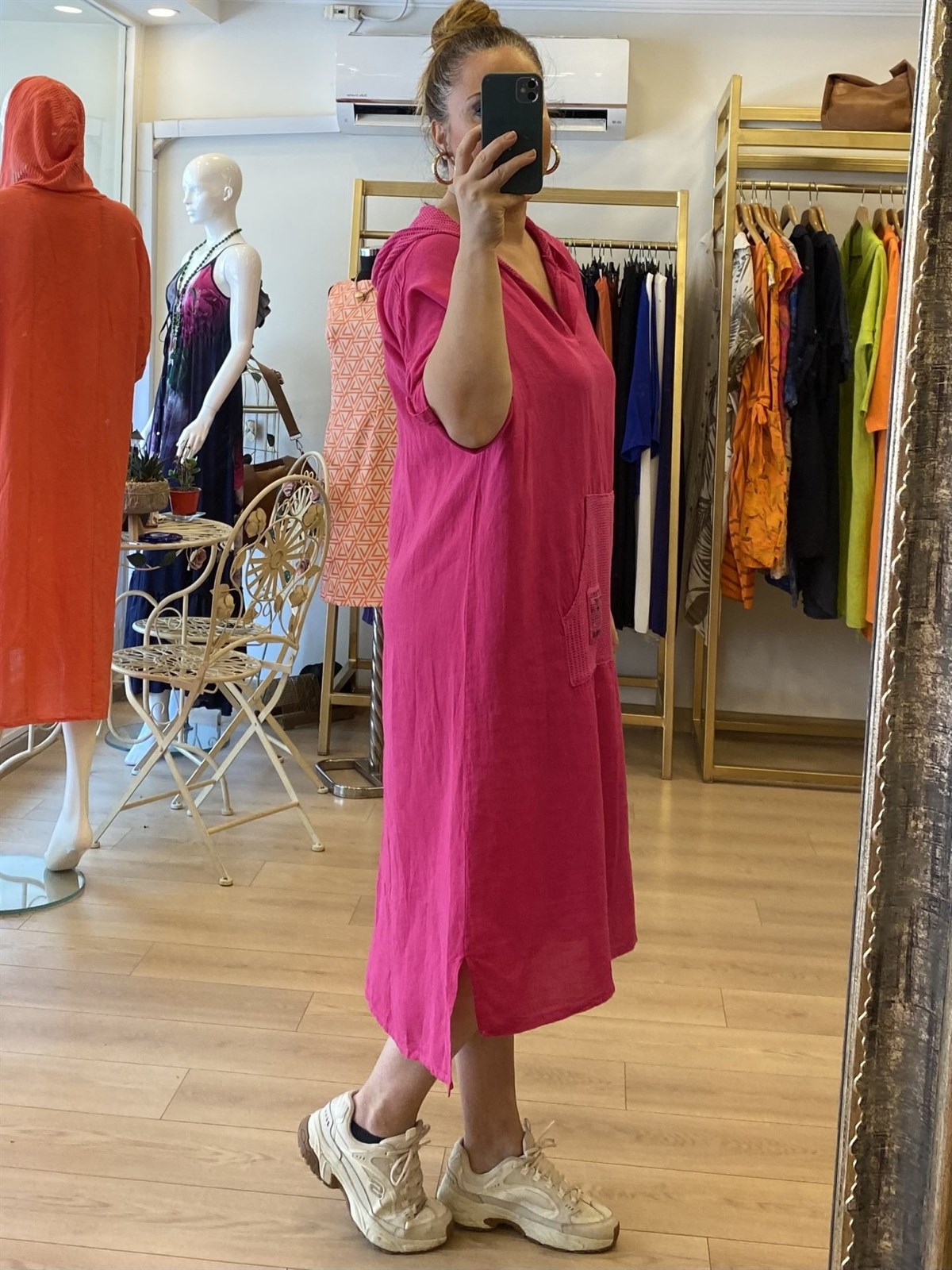 File Detaylı Keten Elbise Pembe