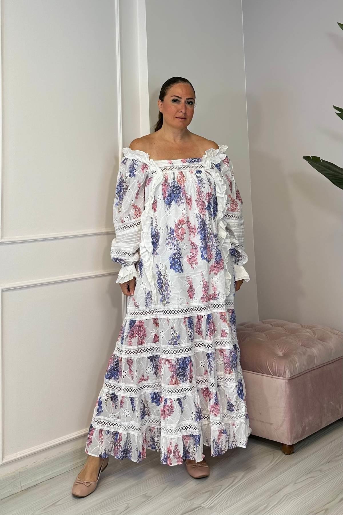 Fırfır Detaylı Bahar Çiçek Elbise Beyaz 