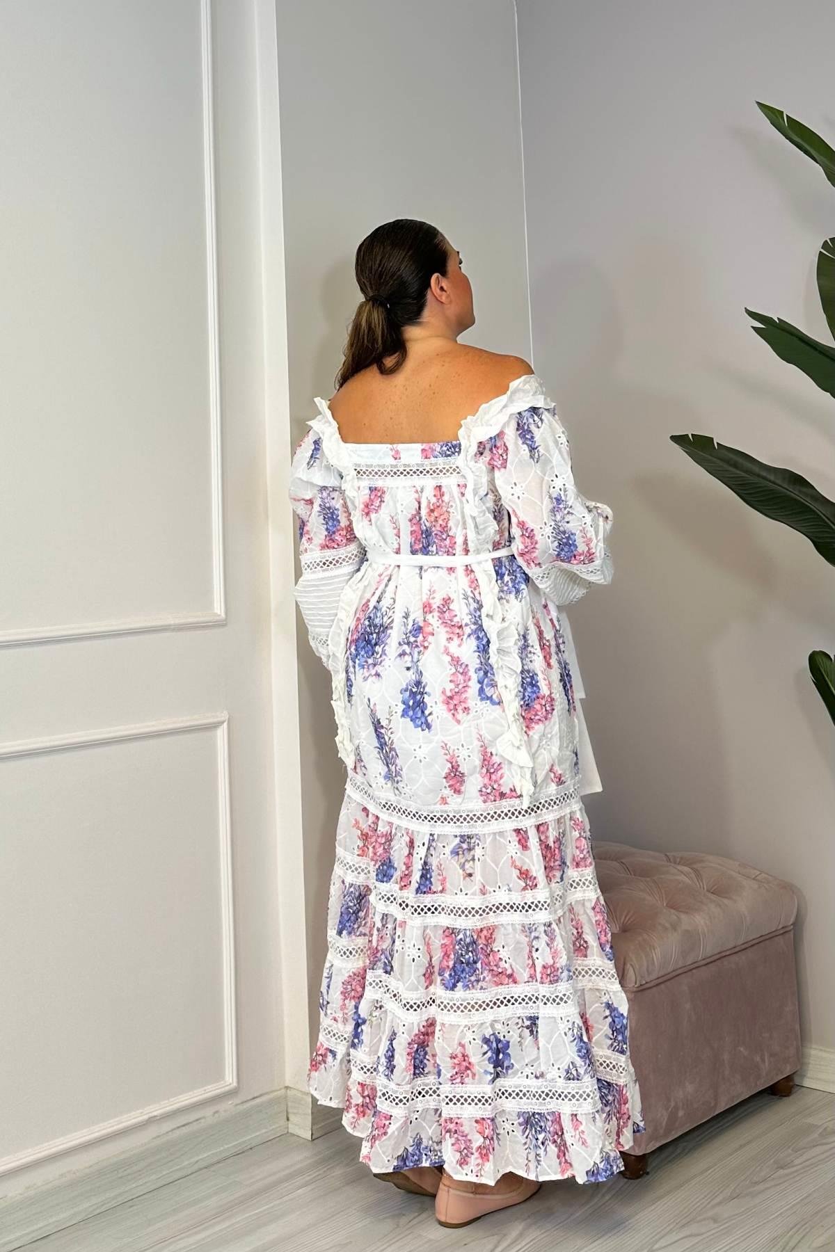 Fırfır Detaylı Bahar Çiçek Elbise Beyaz 