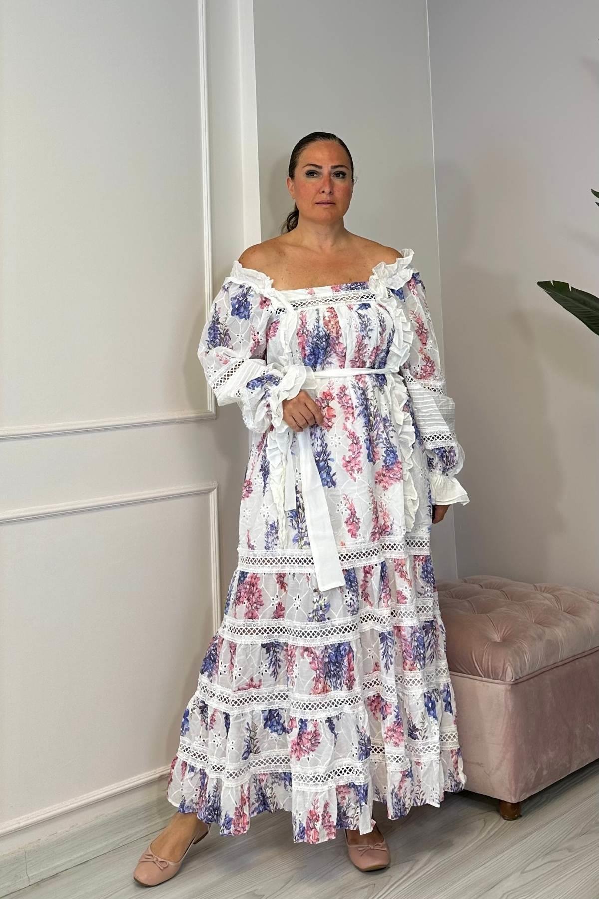 Fırfır Detaylı Bahar Çiçek Elbise Beyaz 