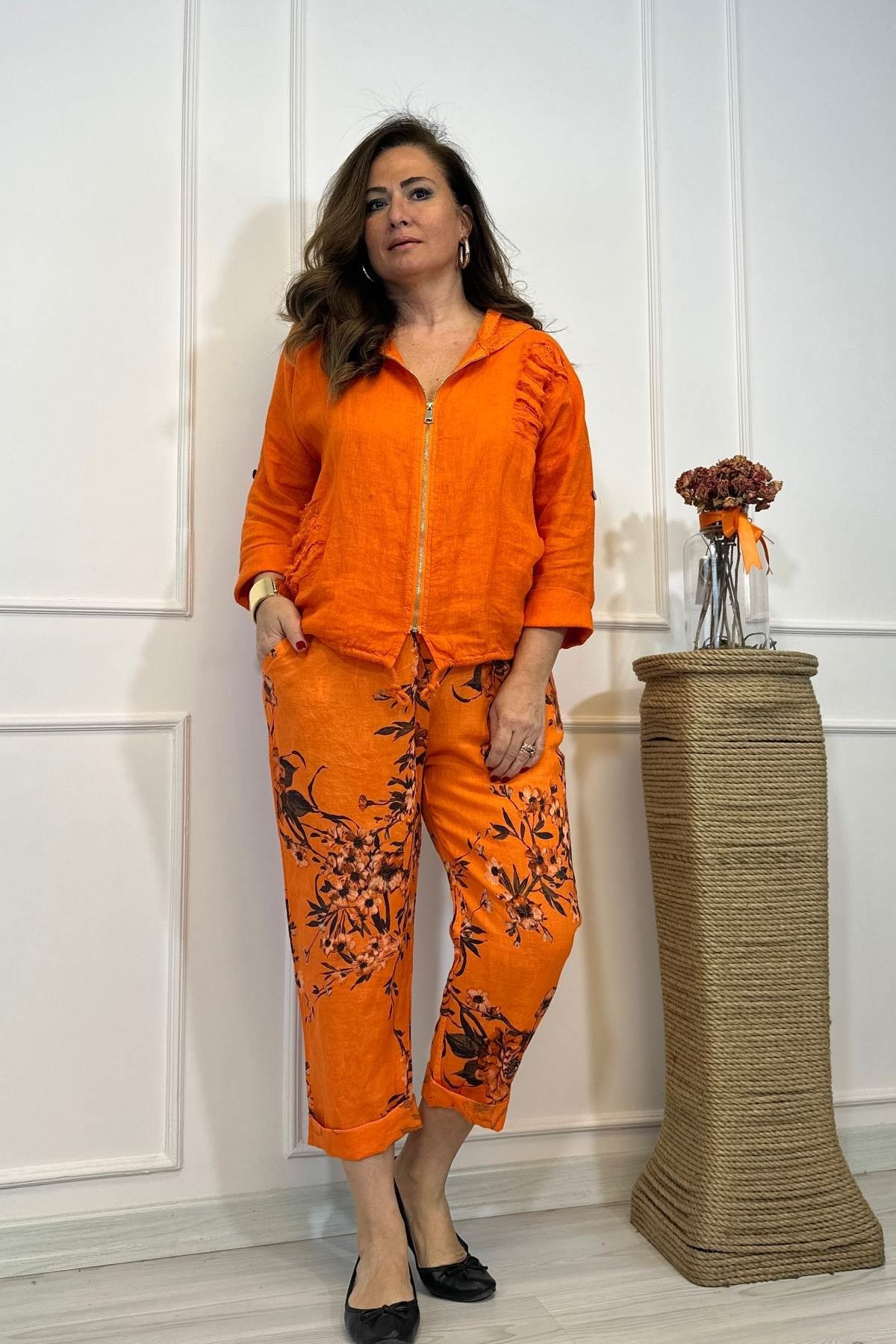 Fisto Detaylı Kapşonlu Fermuarlı Ceket Turuncu