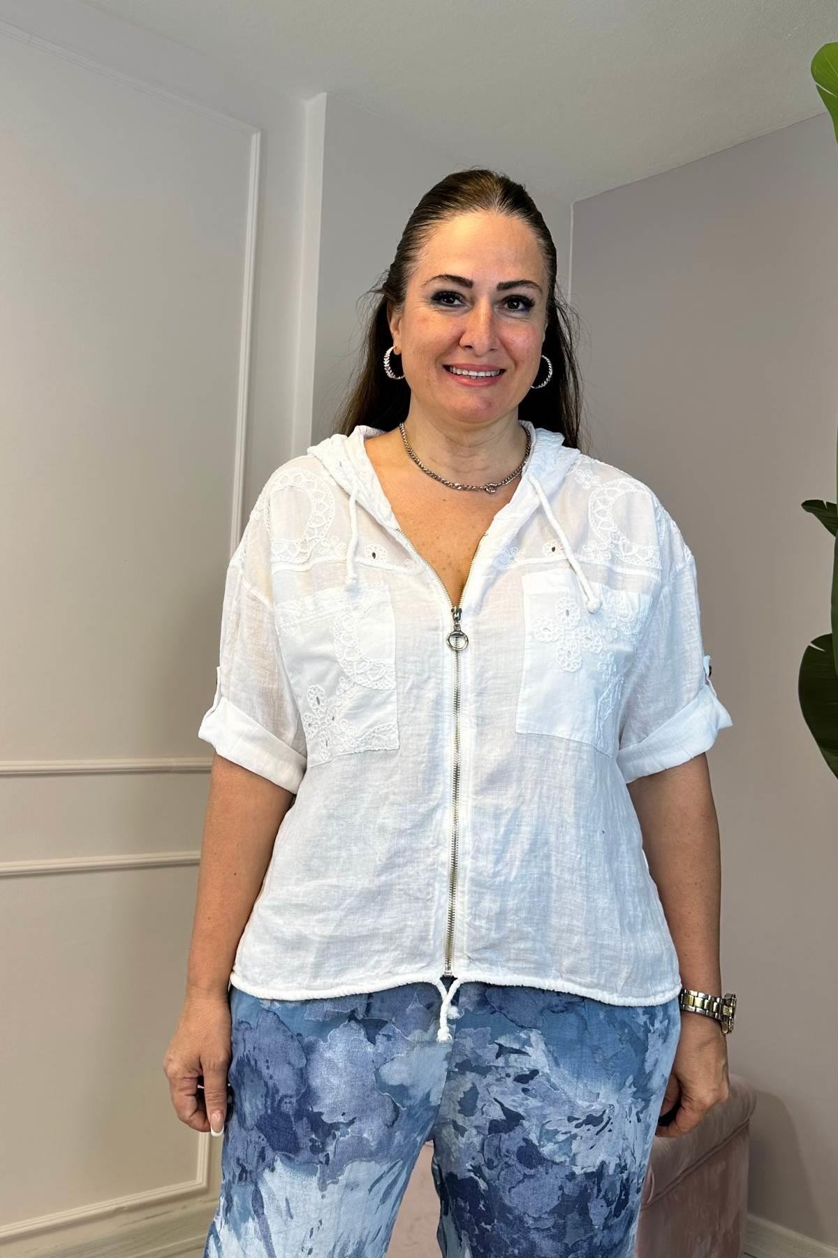 Fisto Detaylı Kapşonlu Fermuarlı Keten Ceket Beyaz