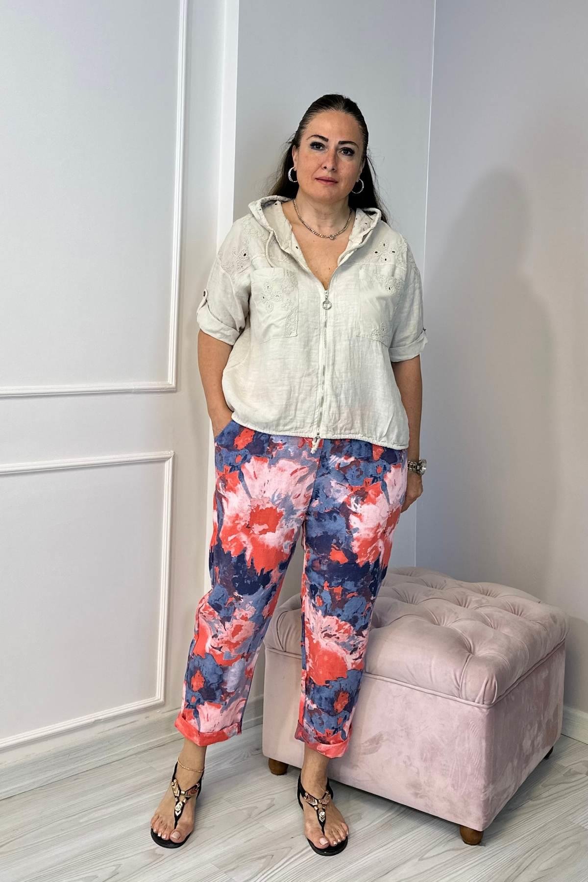 Fisto Detaylı Kapşonlu Fermuarlı Keten Ceket Krem