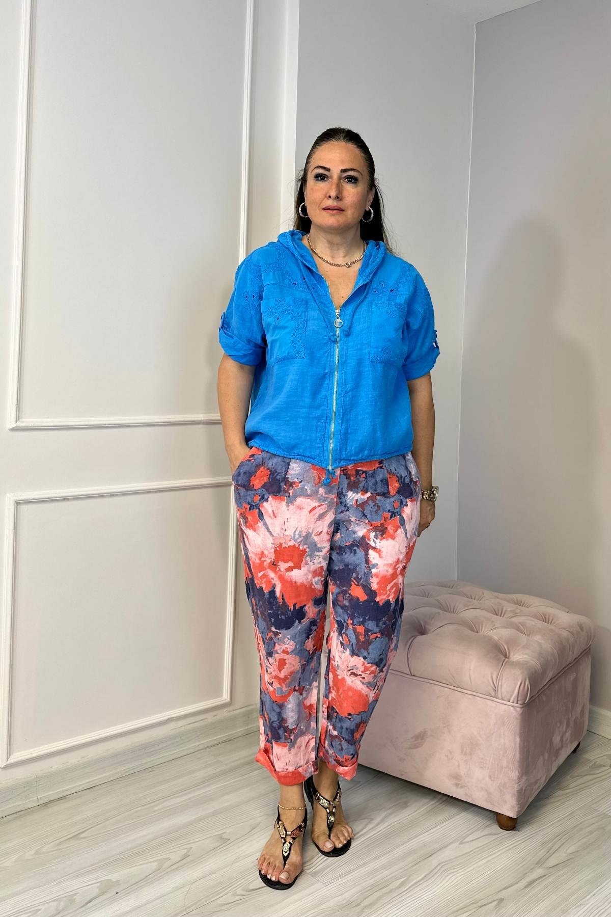 Fisto Detaylı Kapşonlu Fermuarlı Keten Ceket Mavi