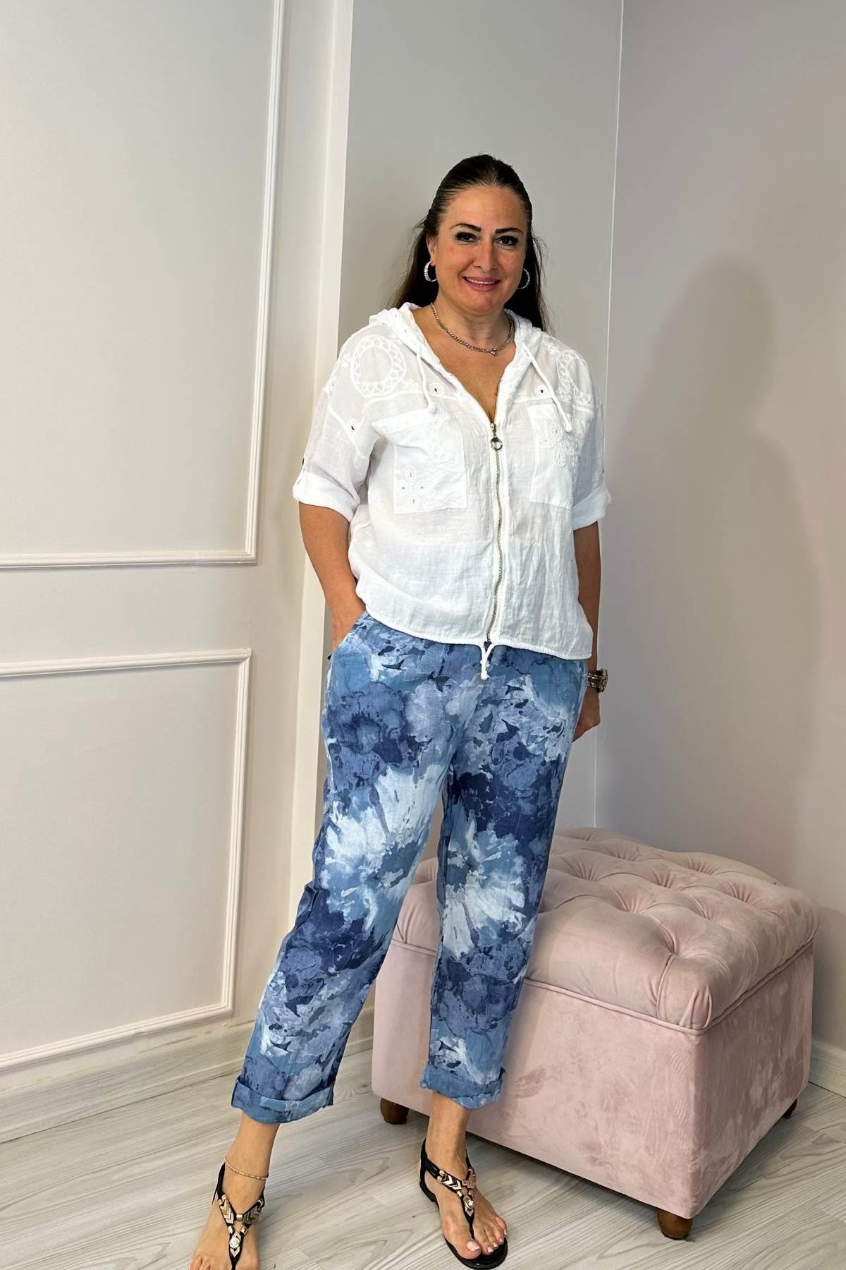 Fisto Detaylı Kapşonlu Fermuarlı Keten Ceket Beyaz