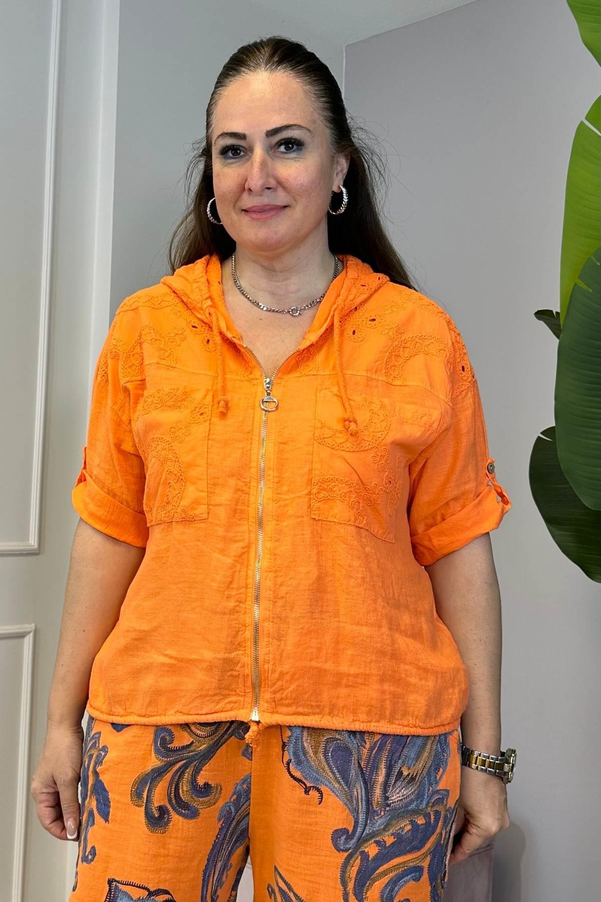 Fisto Detaylı Kapşonlu Fermuarlı Keten Ceket Turuncu