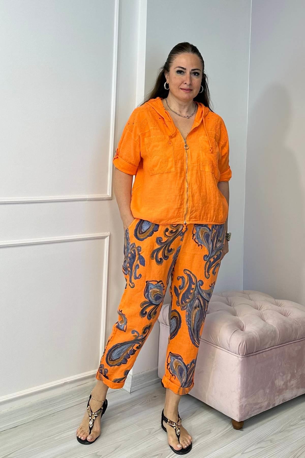 Fisto Detaylı Kapşonlu Fermuarlı Keten Ceket Turuncu