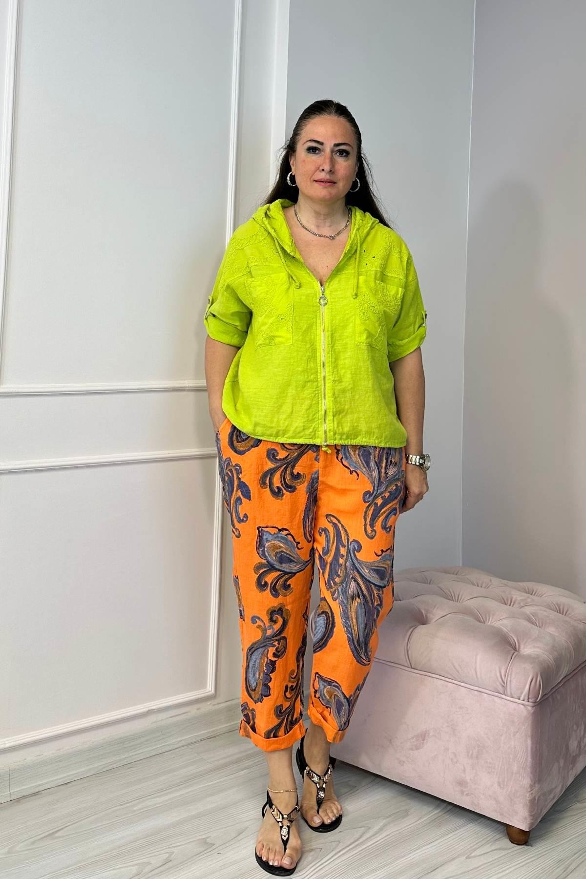 Fisto Detaylı Kapşonlu Fermuarlı Keten Ceket Yeşil