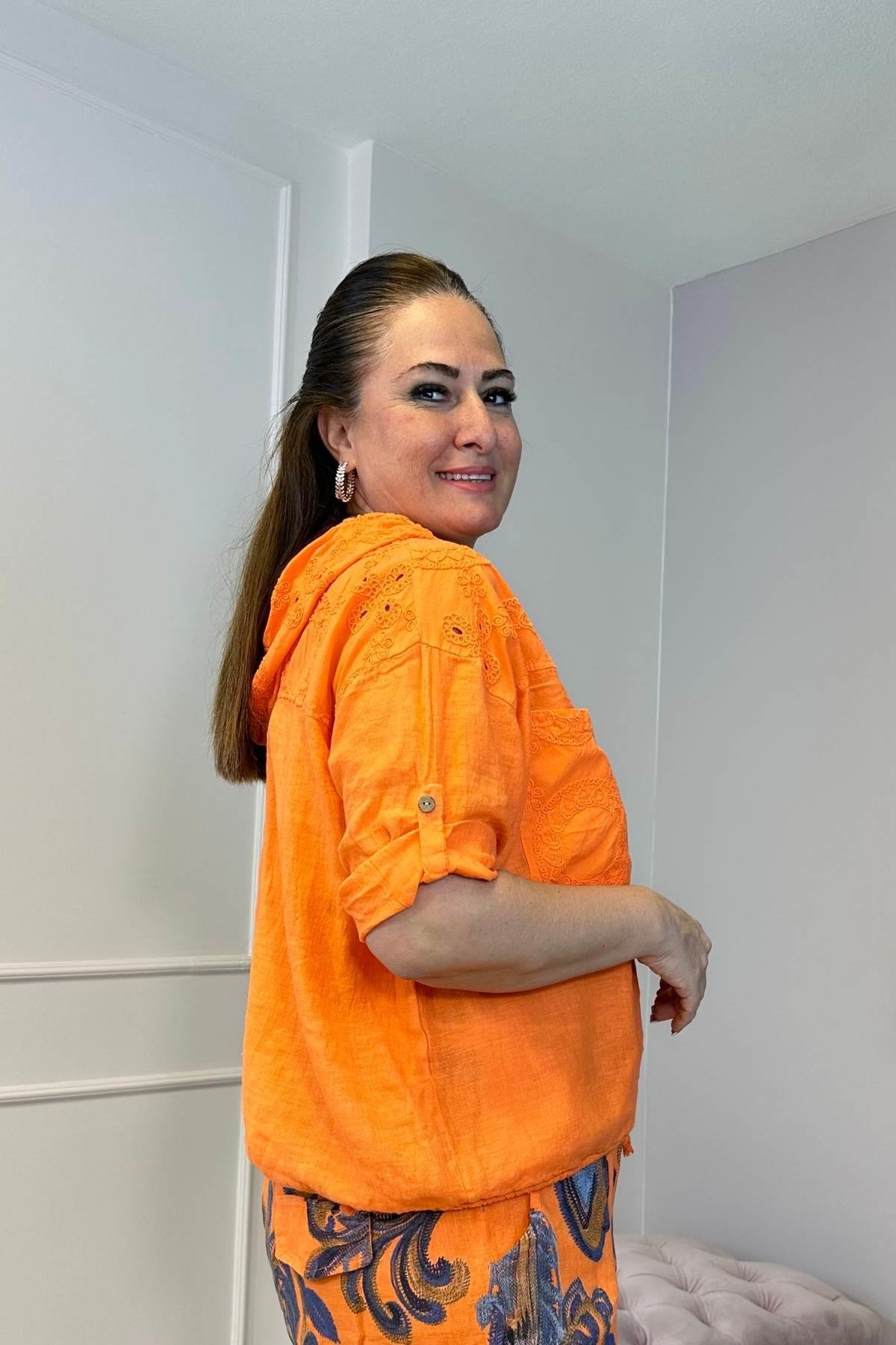 Fisto Detaylı Kapşonlu Fermuarlı Keten Ceket Turuncu