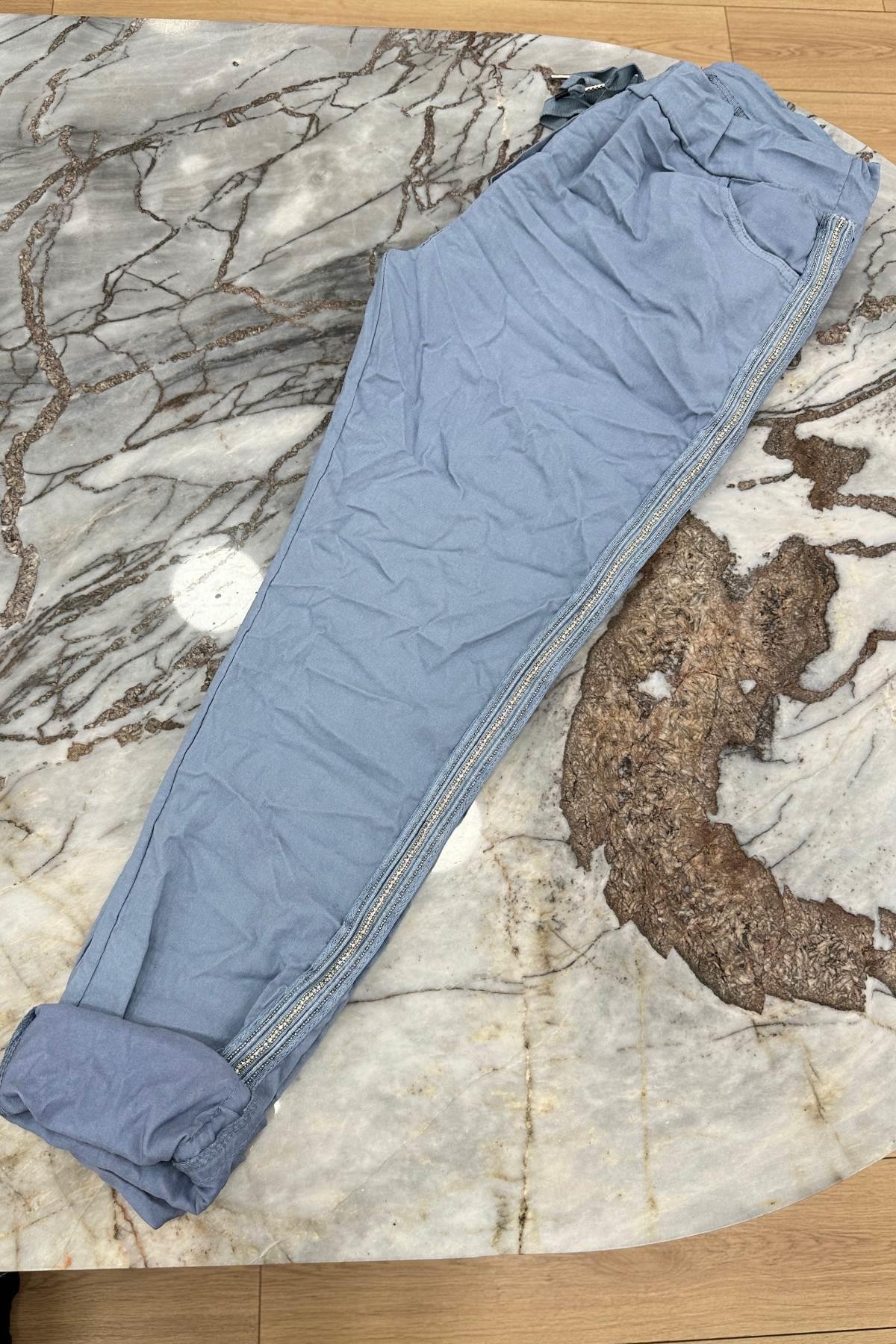 Full Likralı Şerit Taşlı İtalyan Pantalon Mavi