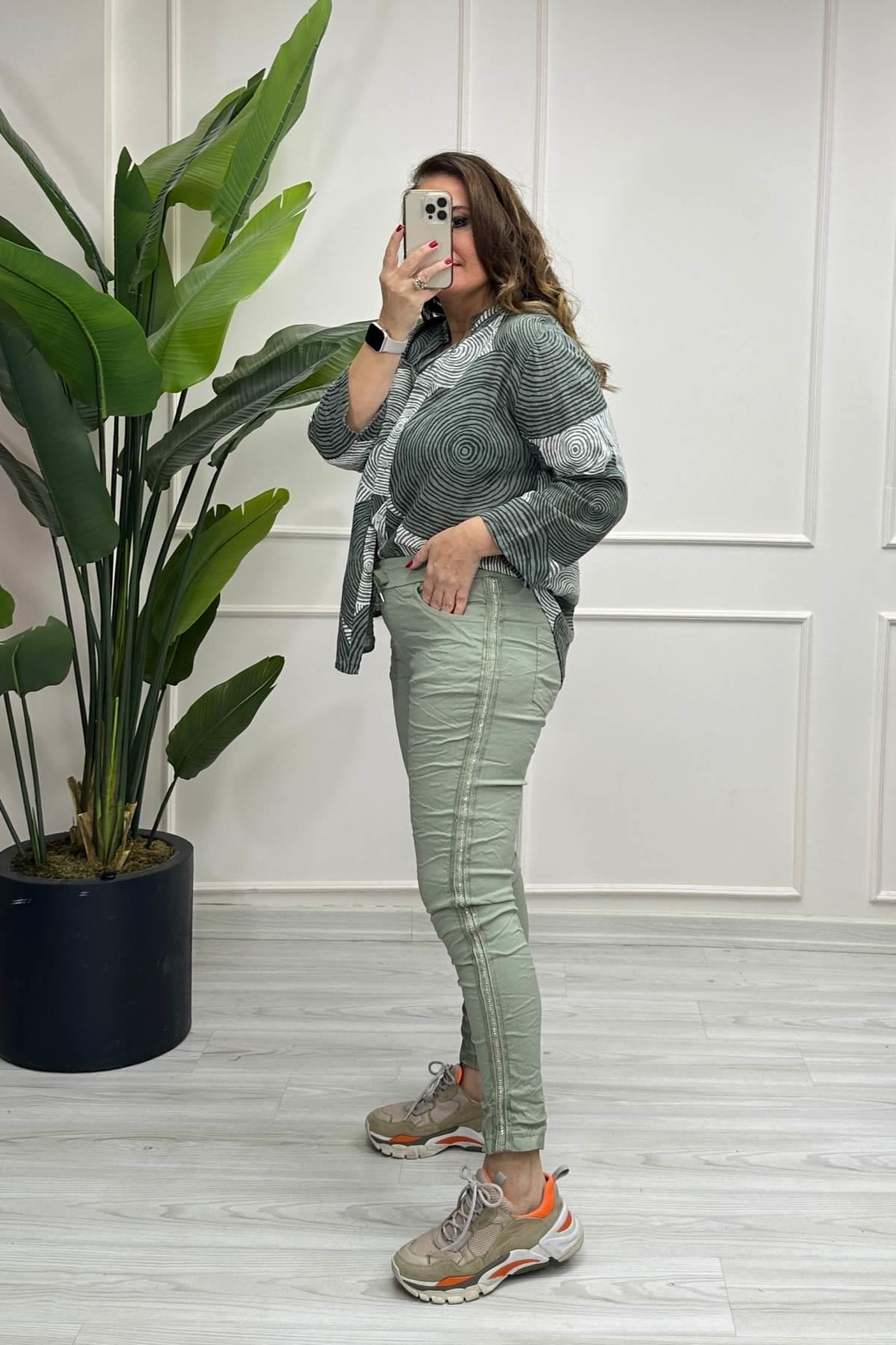Full Likralı Şerit Taşlı İtalyan Pantalon Yeşil
