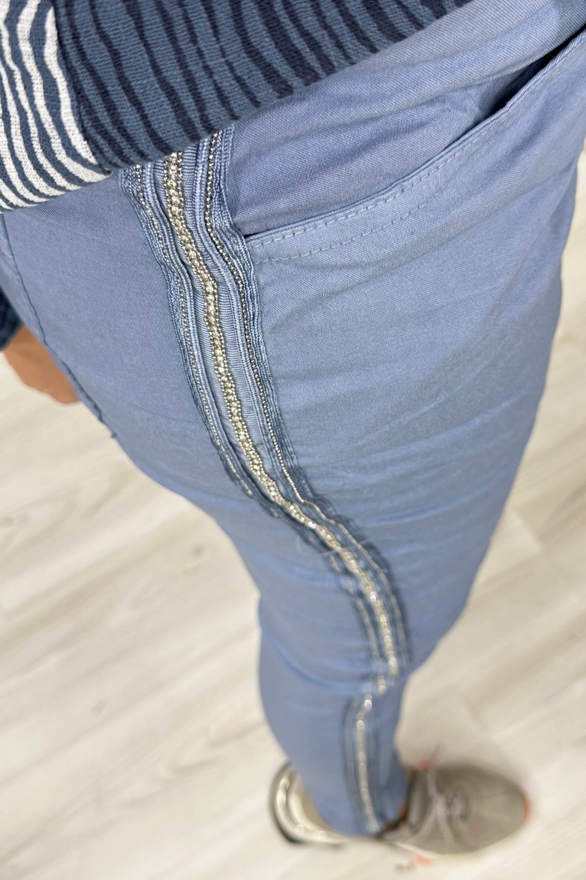 Full Likralı Şerit Taşlı İtalyan Pantalon Mavi