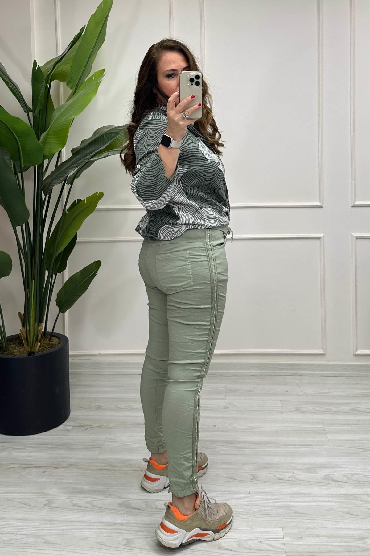 Full Likralı Şerit Taşlı İtalyan Pantalon Yeşil