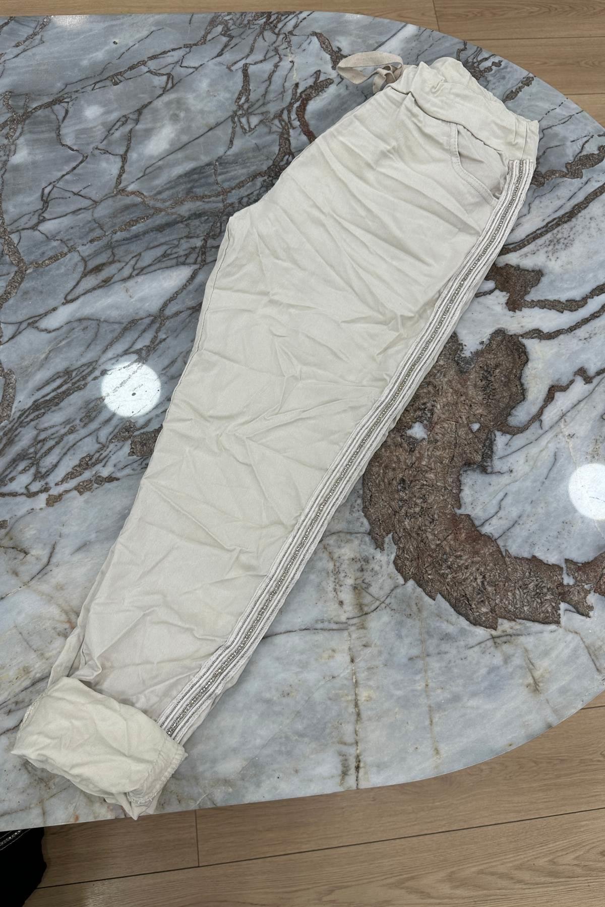 Full Likralı Şerit Taşlı İtalyan Pantalon Bej