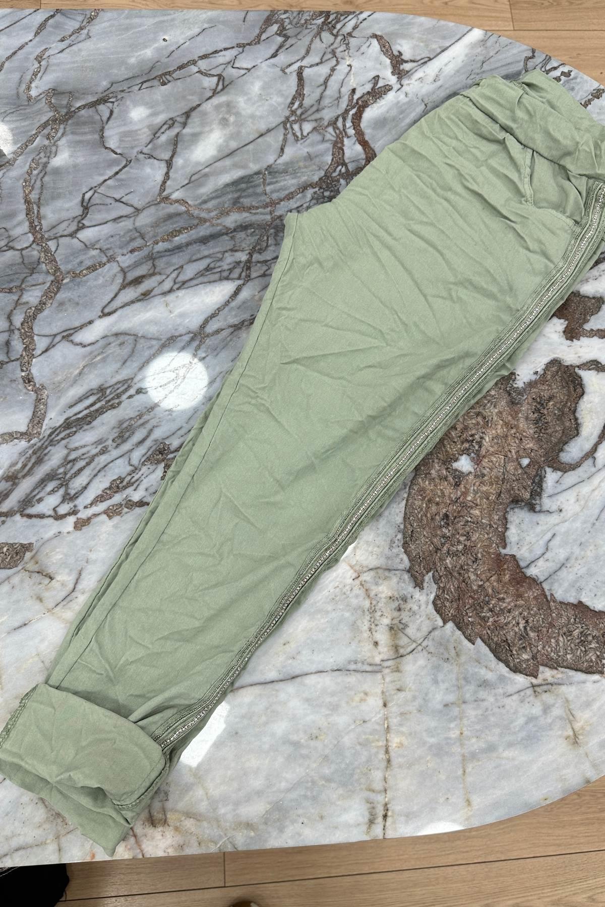 Full Likralı Şerit Taşlı İtalyan Pantalon Yeşil