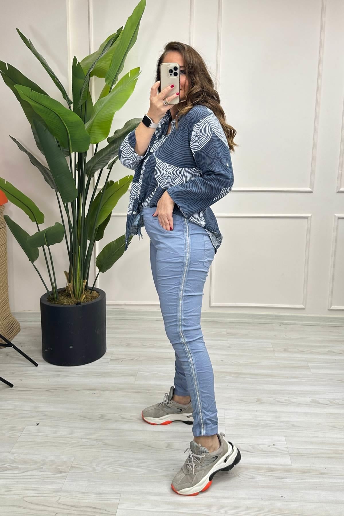 Full Likralı Şerit Taşlı İtalyan Pantalon Mavi