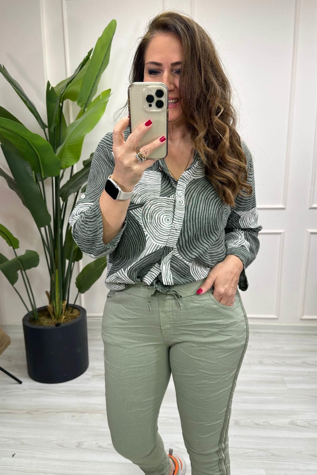 Full Likralı Şerit Taşlı İtalyan Pantalon Yeşil
