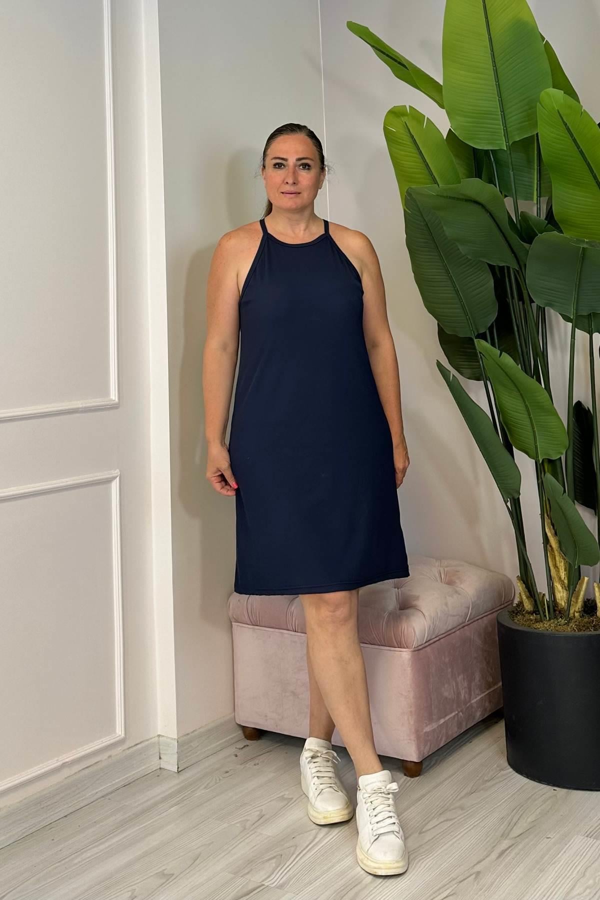 Halter Yaka Basic Elbise Lacivert