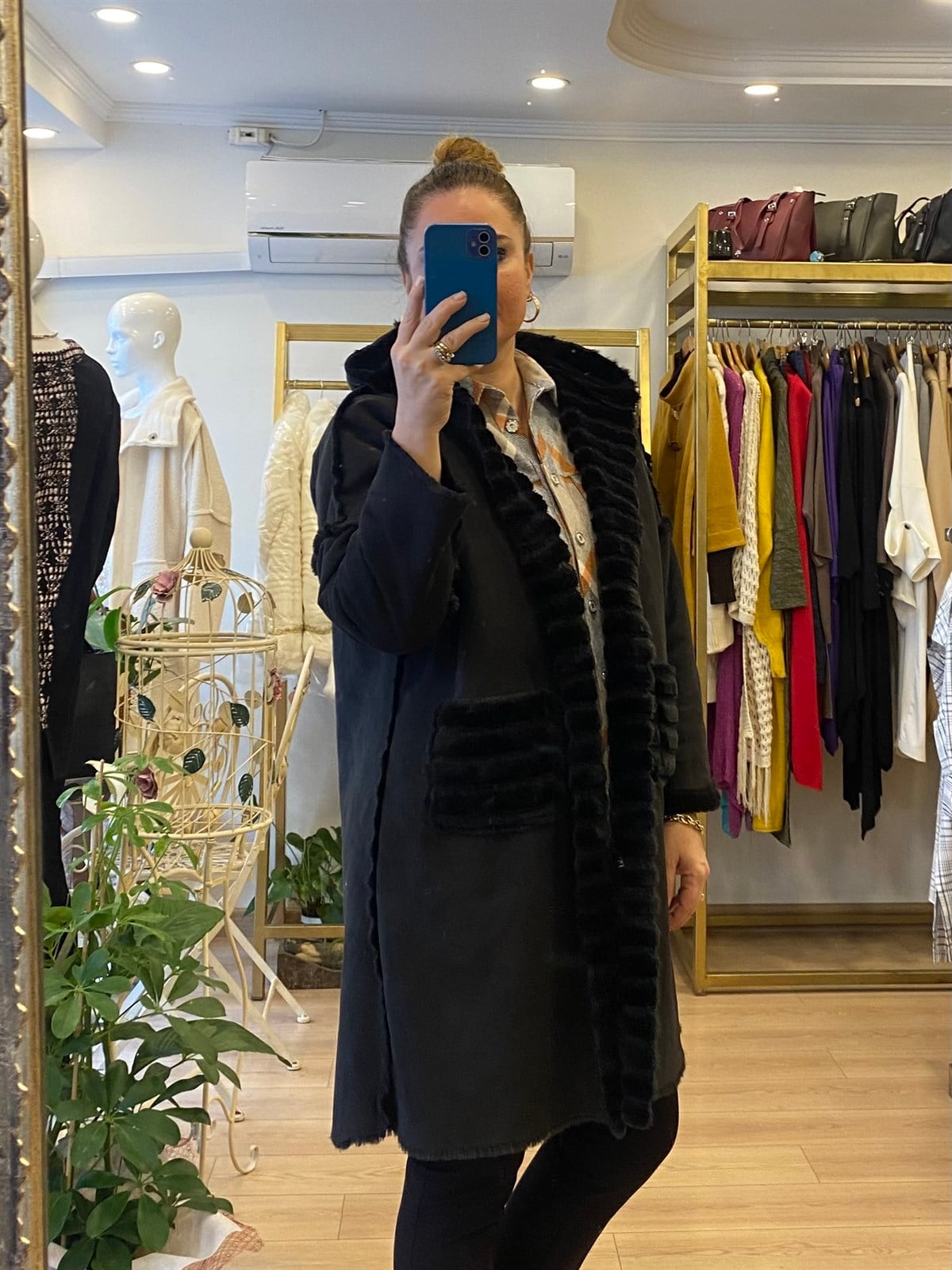 İçi Peluş Çift Taraflı Kaban Siyah